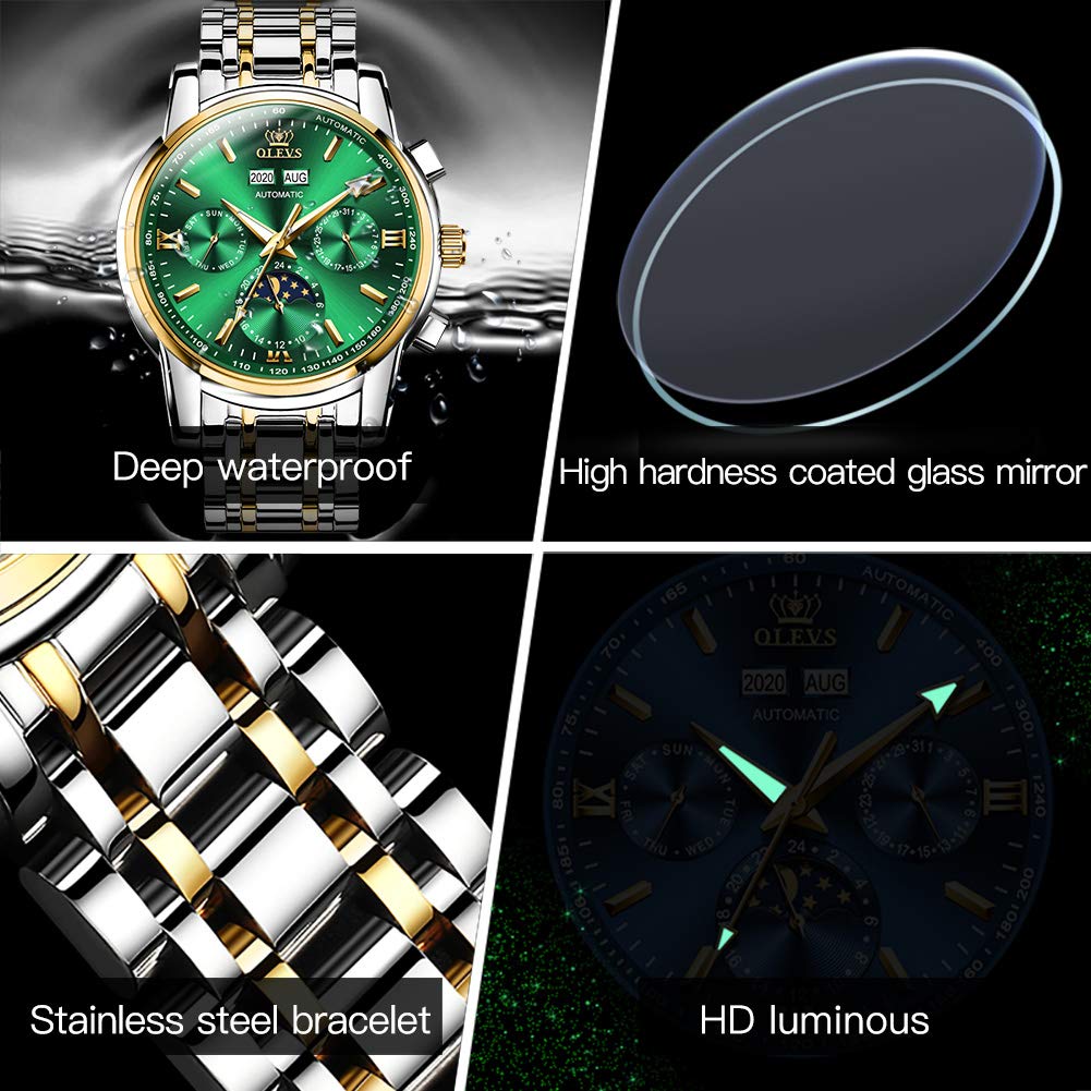 OLEVS Automatic Couple Watches for Men and Women - His and Hers Matching Mechanical Self-Winding Tourbillon Dress Watches with Day Date Calendar, Big Face, Two Tone - Perfect Anniversary Gift for Couples, Wedding Present, Romantic Gift Idea