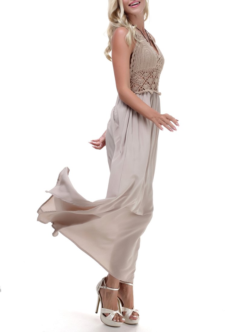 LILBETTER Women's Bohemian Crochet Backless Halter Maxi Dress - Flowy Beach Cover Up, Summer Vacation, Pool Party, Boho Festival Outfit