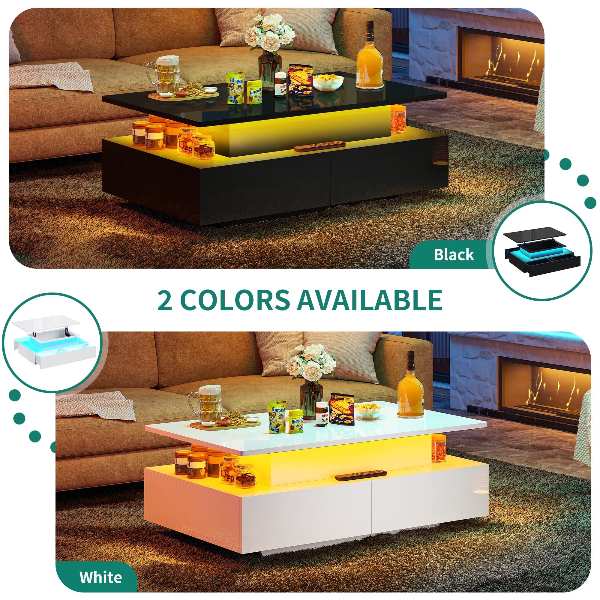YITAHOME Lift Top Coffee Table with Storage & LED Lights - Modern Rectangular Living Room Table with 4 Spacious Drawers - Perfect for Small Spaces, Home Office & Entertainment Areas (Black)