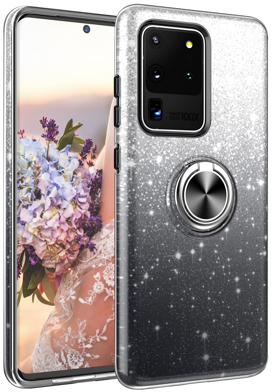 Samsung Galaxy S20 Ultra Case - Bling Sparkly Glitter Cute Phone Cover for Women & Girls | Slim Fit with Kickstand | Drop Protection Shockproof | Perfect for Daily Use, Travel & Work (Black)