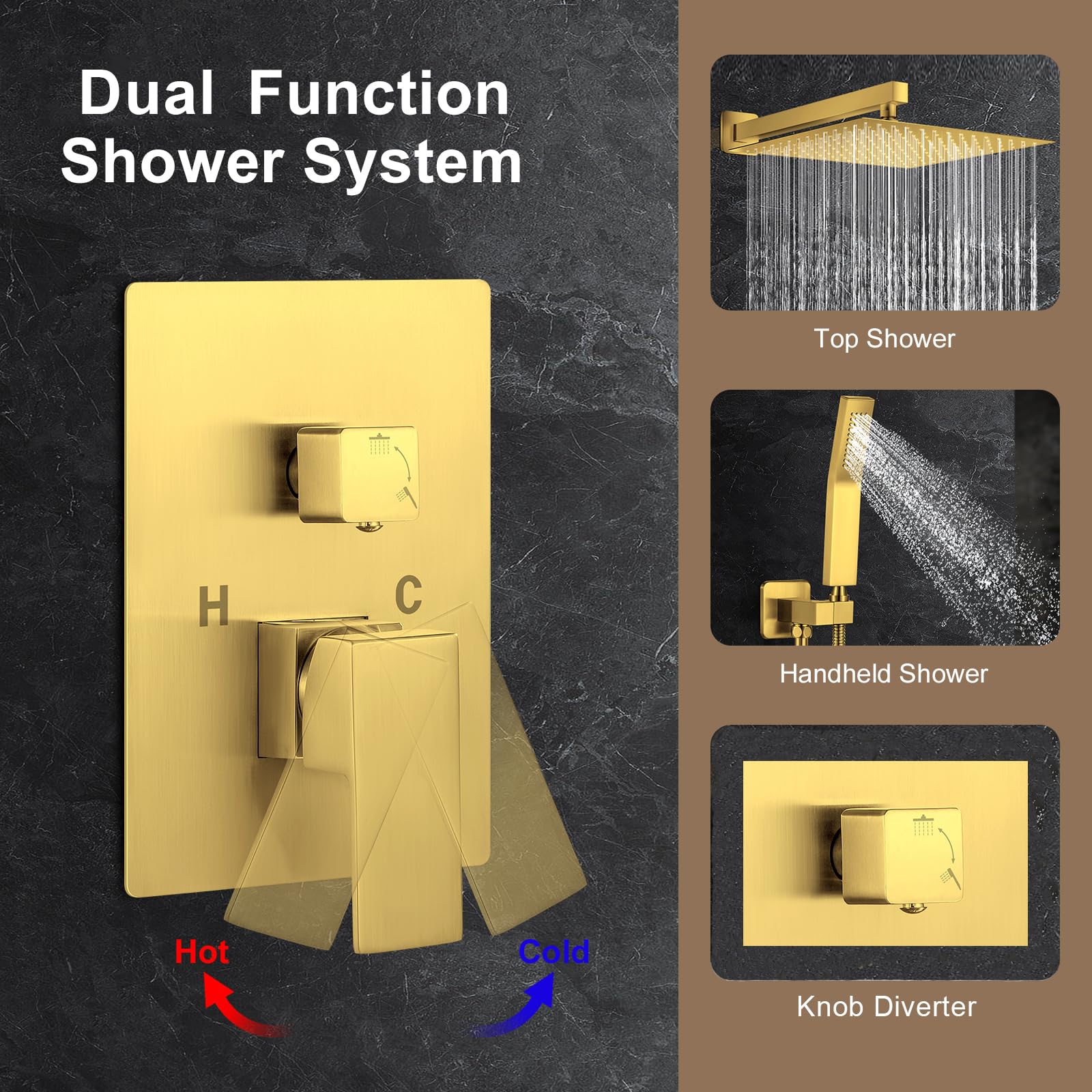JOMEOO 12 Inch Brushed Gold Shower System - Wall Mounted High Pressure Rainfall Shower Head with Handheld Sprayer, Luxury Bathroom Shower Faucet Set with Rough-in Valve & Trim for Spa-Like Experience