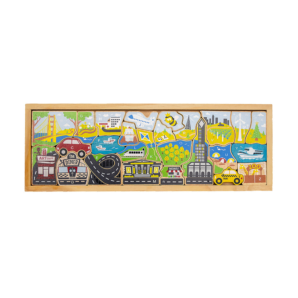 BeginAgain City A to Z Puzzle - Alphabet Learning Toy for Kids, Wooden Educational Puzzle for Toddlers - Perfect for Preschool Learning & Home Classroom Activities