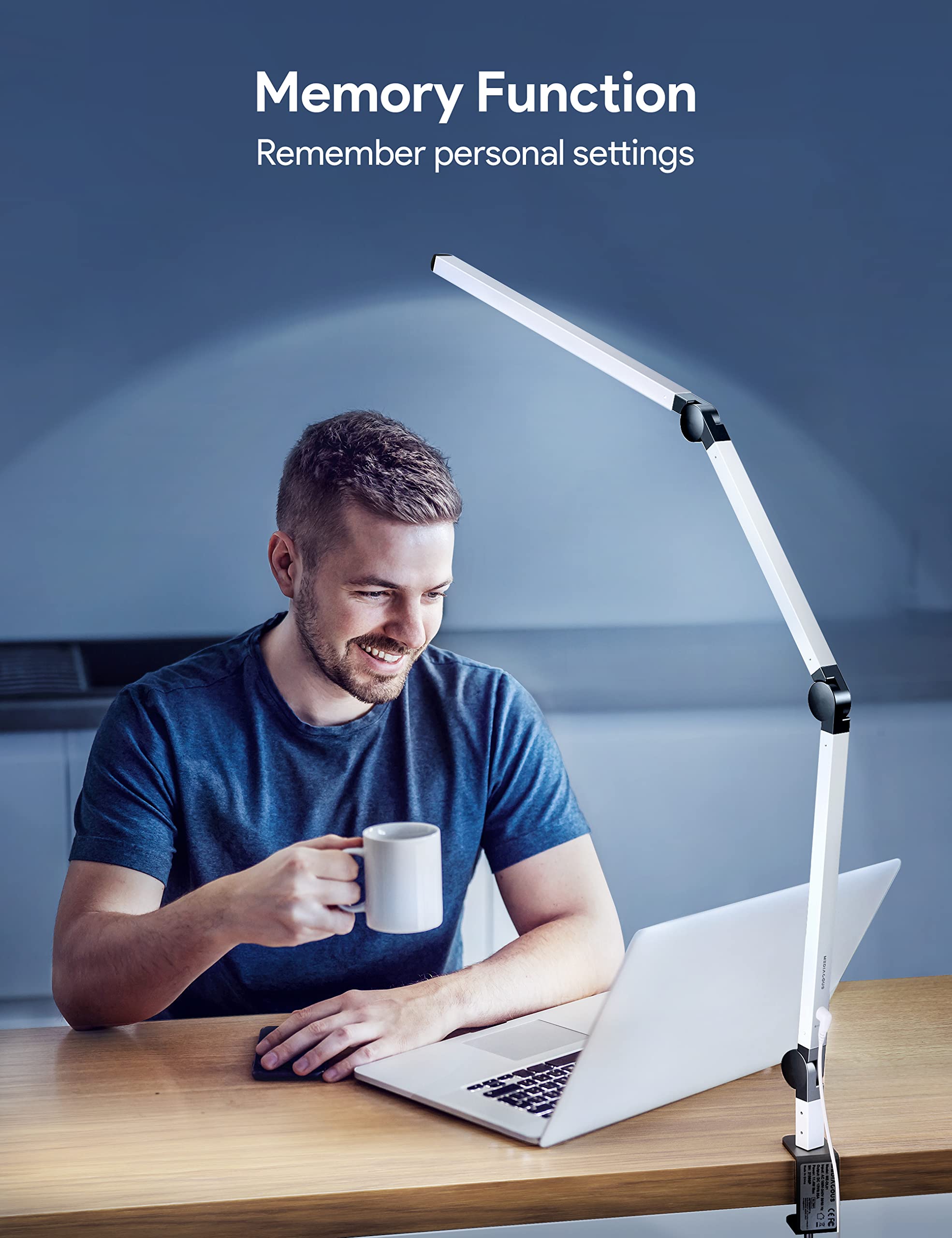 MediAcous LED Desk Lamp with Clamp - Adjustable Swing Arm, 4 Color Modes & 4 Brightness Levels, Dimmable Eye-Caring Light with Memory Function - Perfect for Home Office, Study, Reading & Crafting (White)