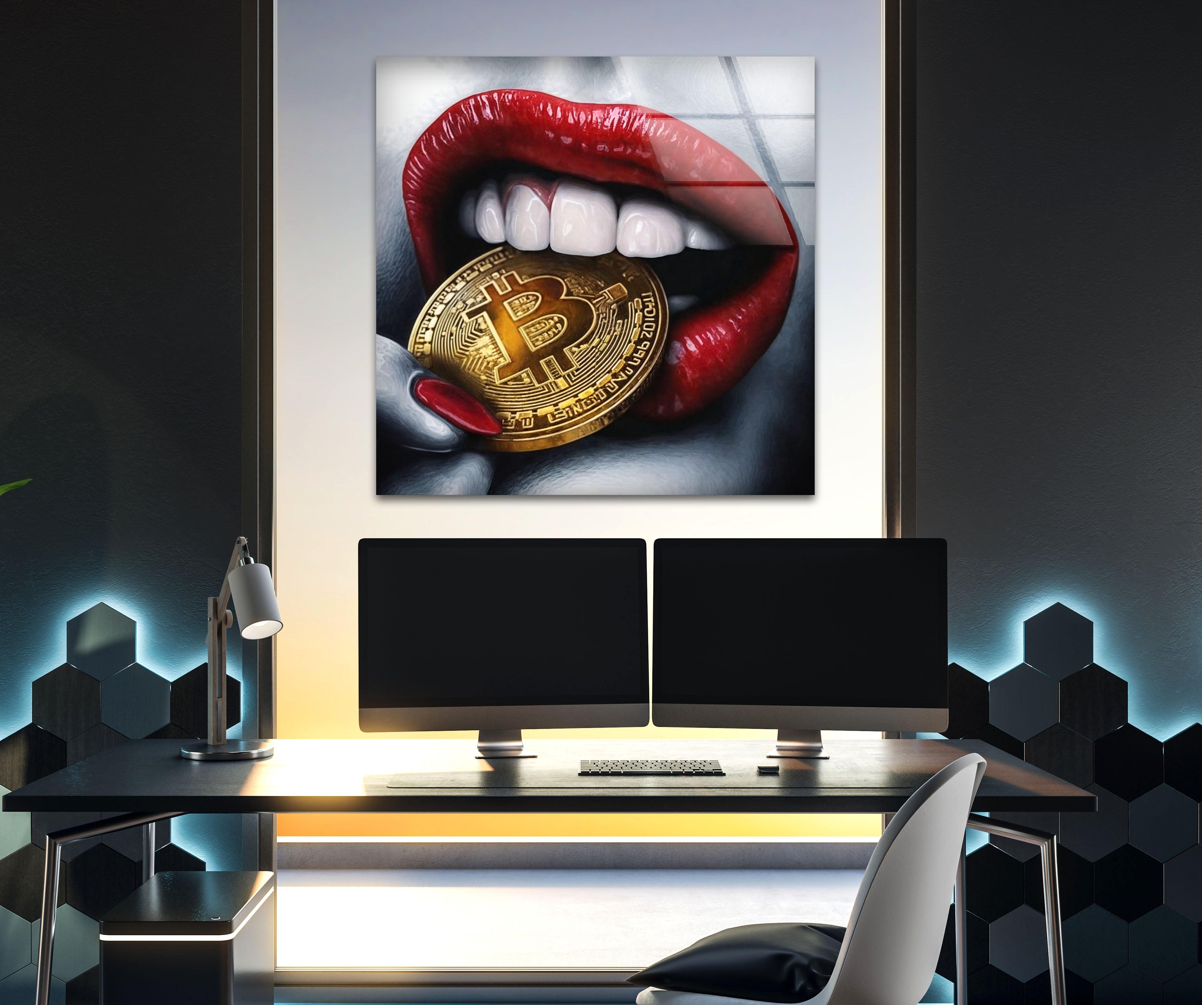 Bitcoin & Red Lips Glass Wall Art - Modern Crypto Themed Home Decor for Living Room, Bedroom or Office - Unique Gift Idea for Bitcoin Enthusiasts
