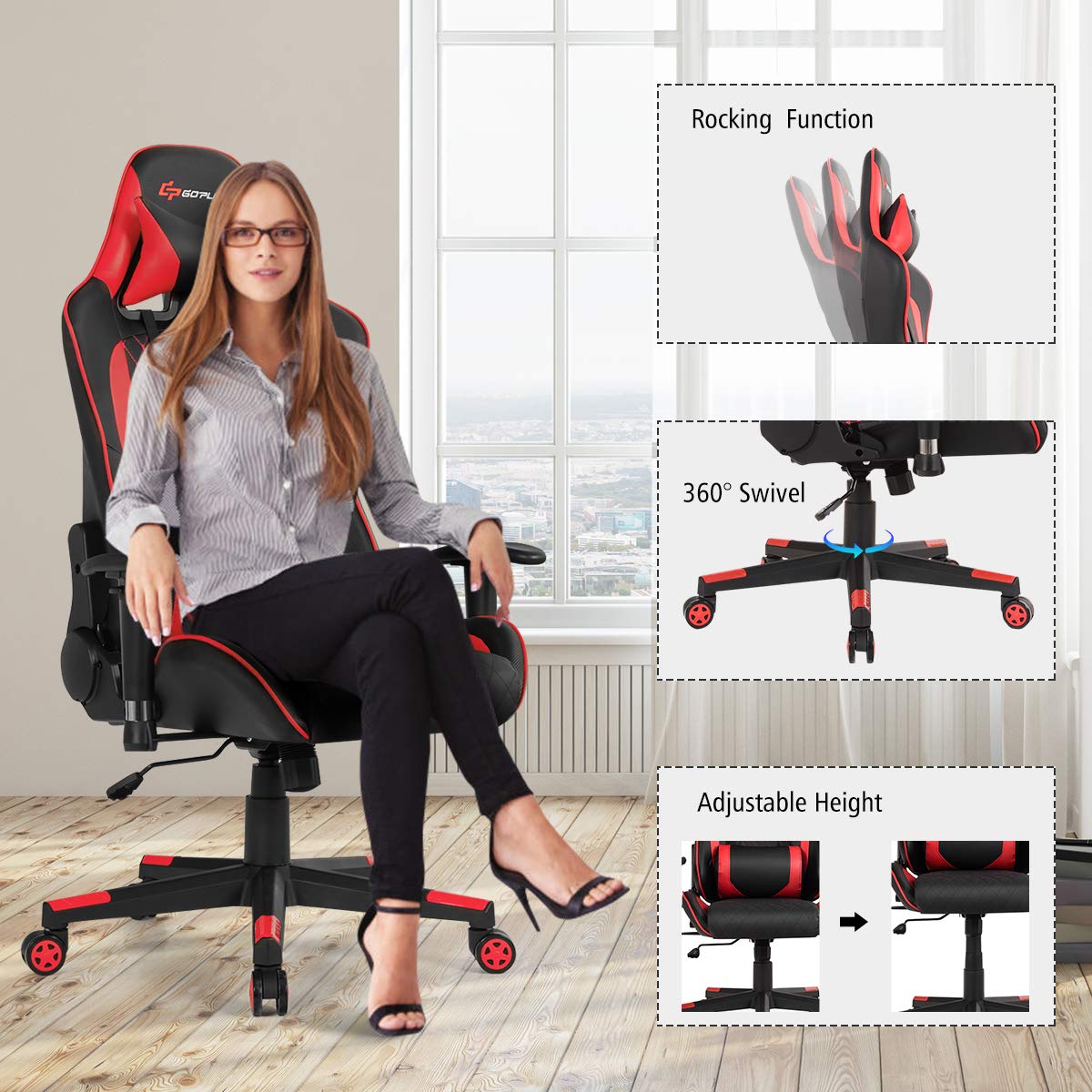 Goplus Massage Gaming Chair - Ergonomic High Back Racing Office Chair with Reclining Backrest, Adjustable Handrails & Seat Height, PU Swivel Design, Headrest & Lumbar Support - Perfect for Gaming, Work & Home Office Relaxation