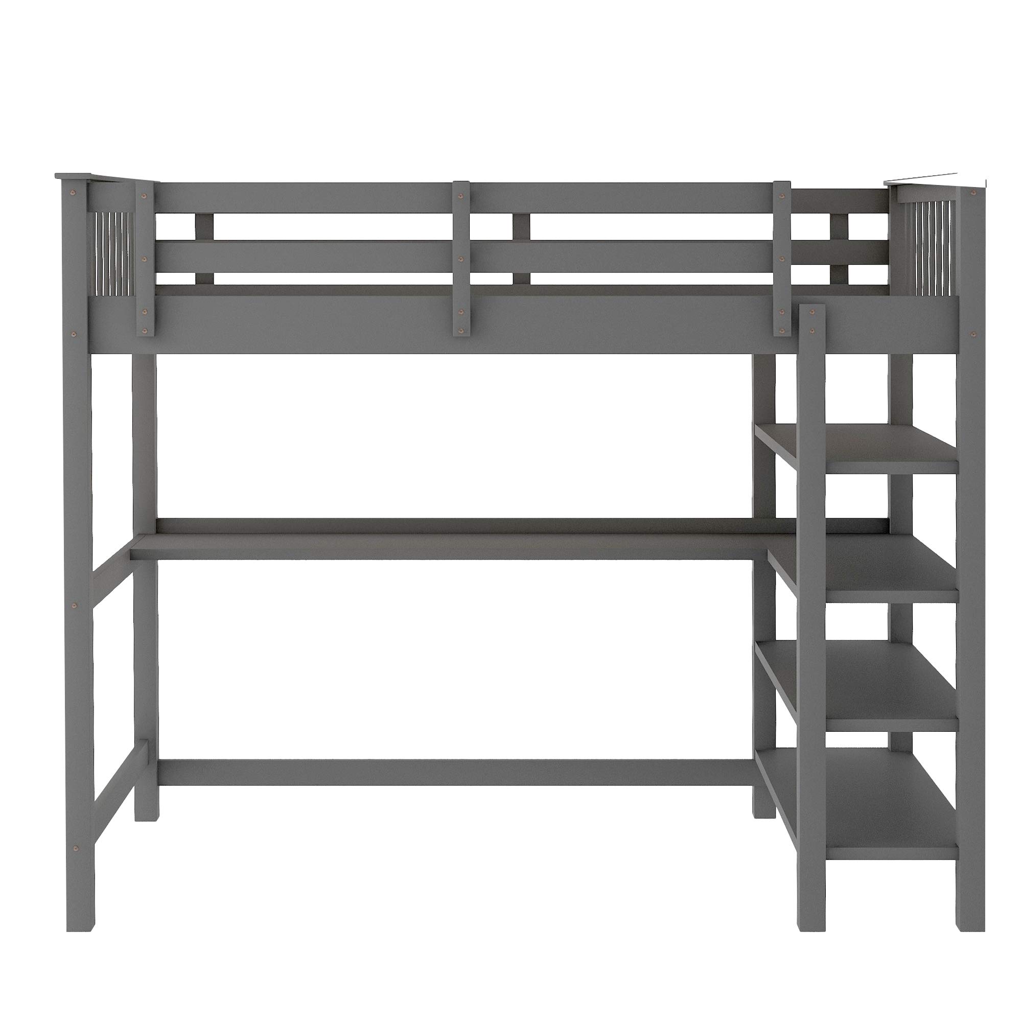 Twin Size Loft Bed with Storage Shelves & Under-Bed Desk - Solid Rubber Wood Space Saving Loft Bed for Kids, Teens & Adults (Gray) - Perfect for Small Bedrooms, Dorms & Studio Apartments