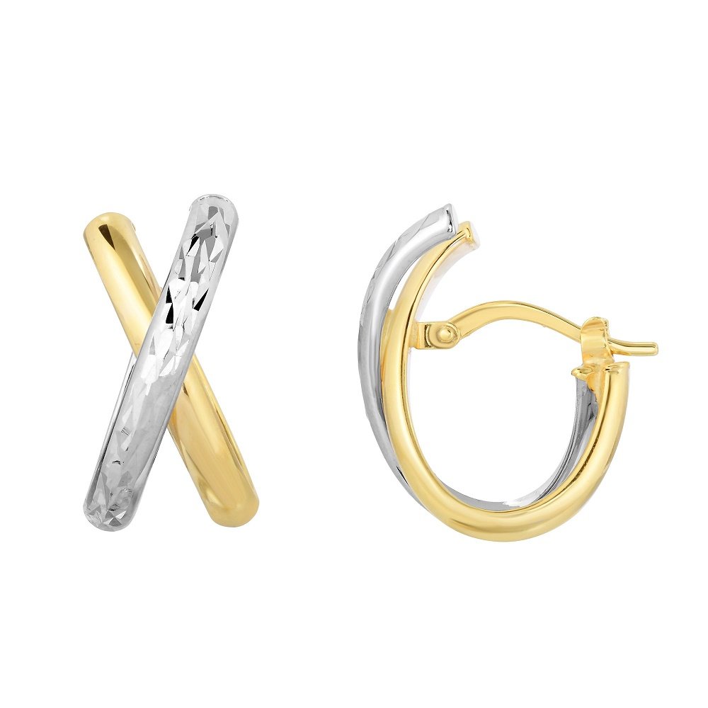 10Kt Yellow & White Gold Shiny Diamond Cut 19X17X9mm X-Shaped Tube Half Oval Hoop Earrings with Hinge Clasp - Perfect for Weddings, Parties & Everyday Elegance
