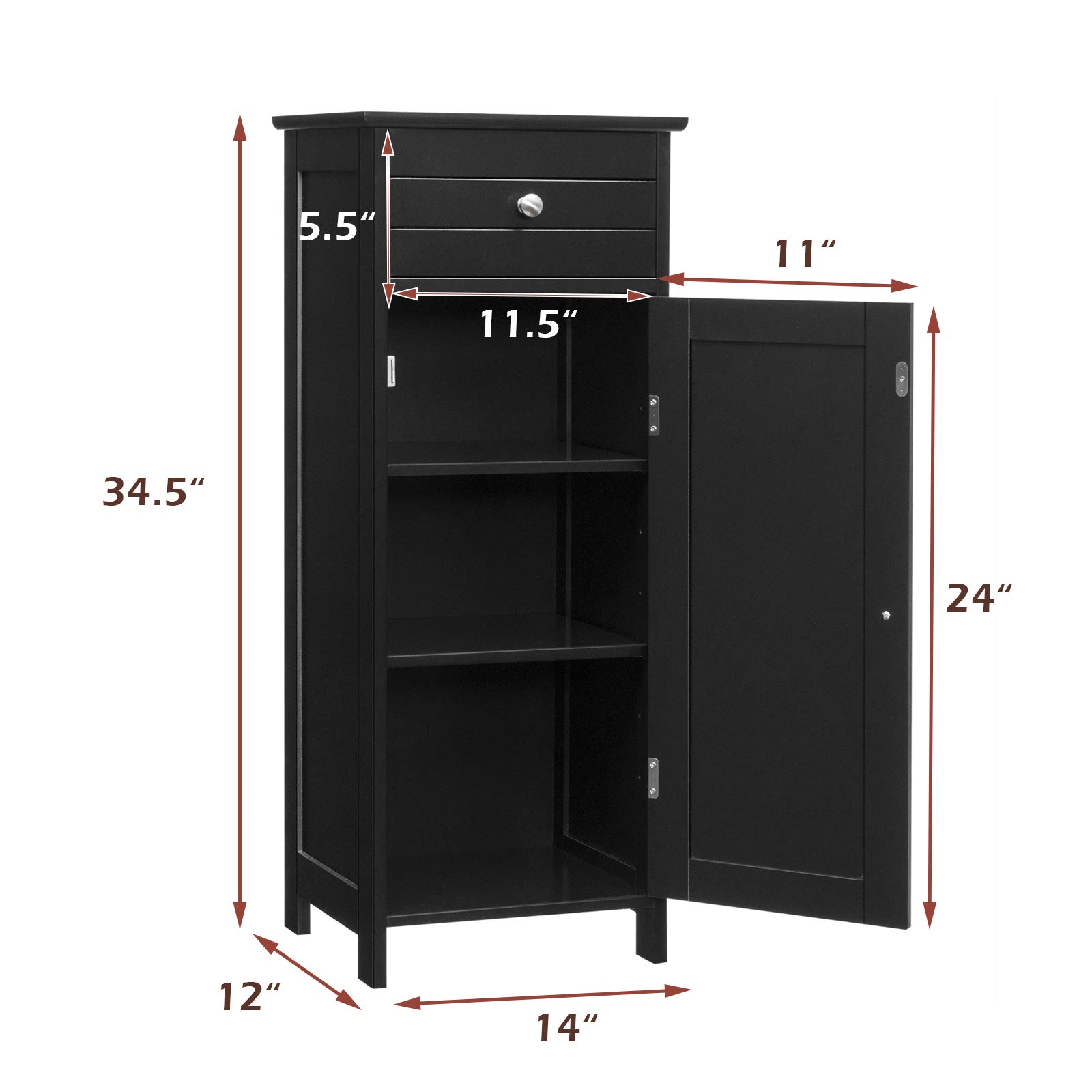 GLACER Floor Storage Cabinet with 2 Adjustable Shelves - Multifunctional Bathroom & Living Room Organizer, 14 x 12 x 34.5 Inches, Black - Perfect for Small Spaces, Bathroom Essentials & Home Decor Storage