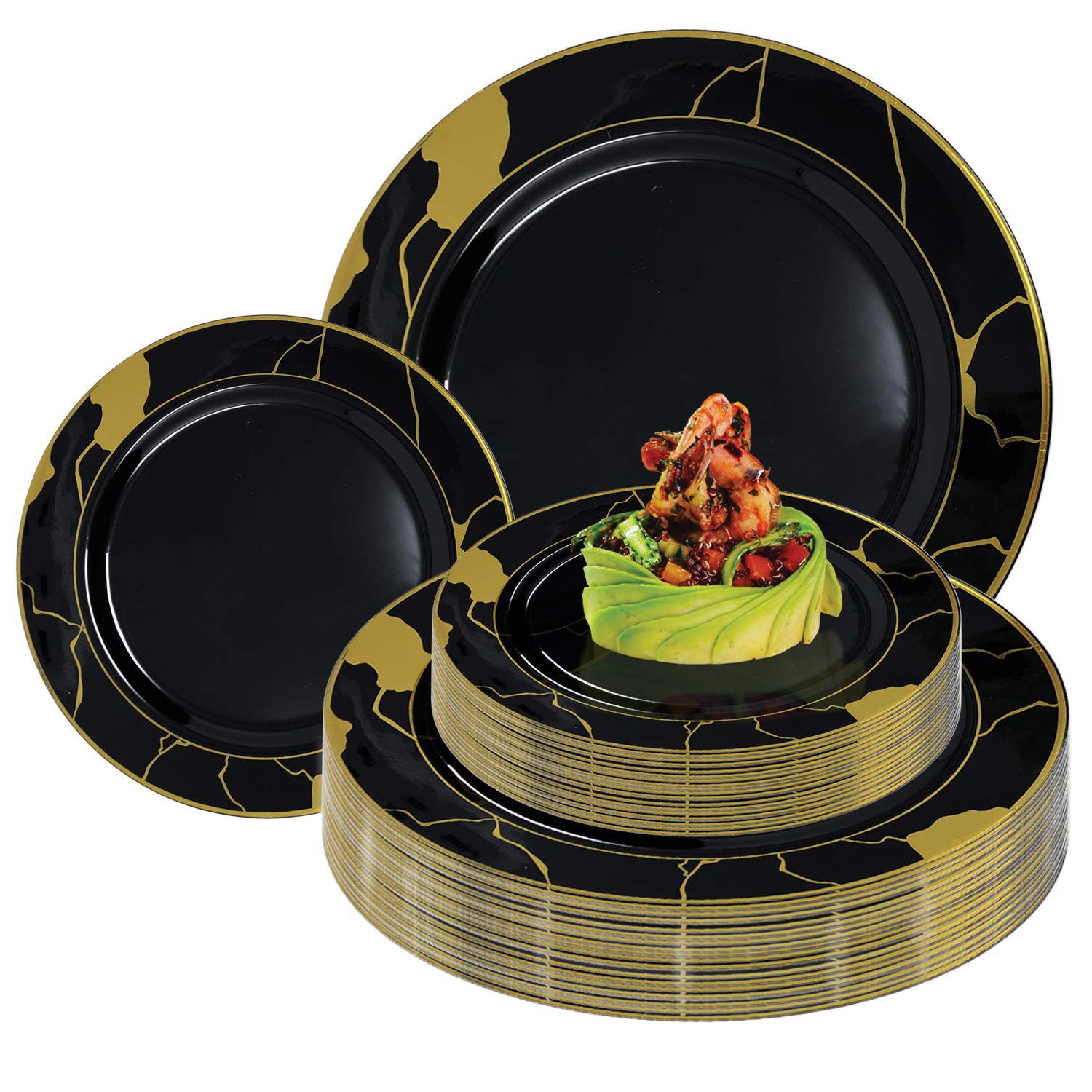 Elegant Disposable Plastic Plates 240 Count - 120 Heavy Duty Dinner Plates & 120 Dessert Salad Appetizer Plates - Black Gold Marble Design - Bulk Party Supplies for Wedding, Birthday, Baby Shower, Holiday & Special Events - Perfect for Catering, Buffets & Outdoor Gatherings