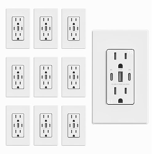ELEGRP 30W 6.0A USB Outlet with 3-Ports (2 USB-C & 1 USB-A) - 15A Tamper-Resistant Wall Receptacle, UL Listed, Includes Screwless Matte White Wall Plate (10-Pack) - Perfect for Home, Office & Hotel Charging Stations