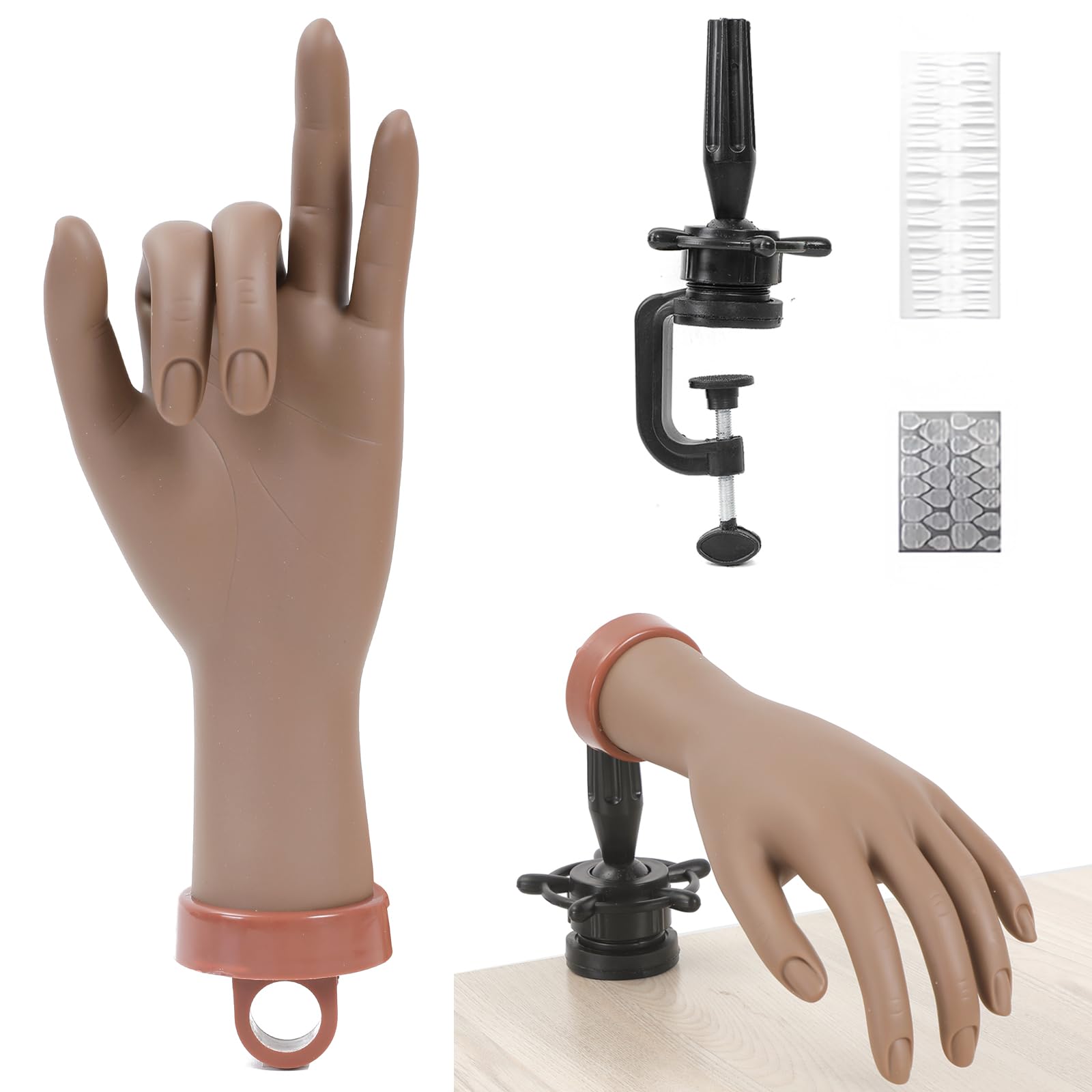 Professional Acrylic Nail Practice Hand Mannequin - Flexible Fake Hand with Clamp Holder for Nail Art Training & Practice (Dark Skin Tone) - Perfect for Beginners, Nail Technicians & Salon Training
