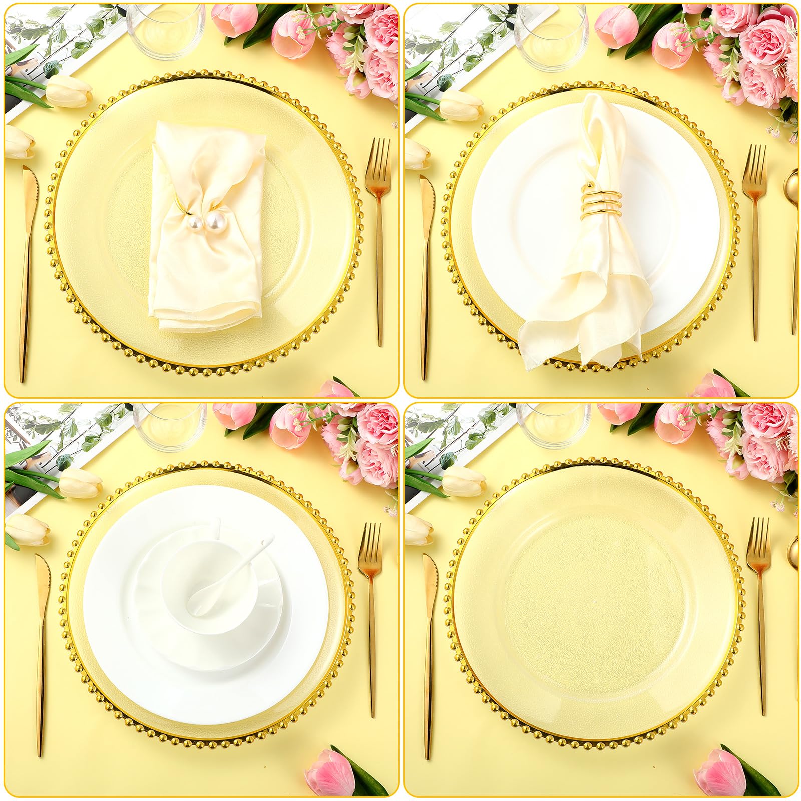 50 Pack Clear Acrylic Charger Plates - 13 Inch Round Plastic Dinner Plates with Beaded Edge & Frosted Grain for Weddings, Parties, Events - Elegant Gold Decorative Service Plates for Home, Kitchen & Tabletop Decor