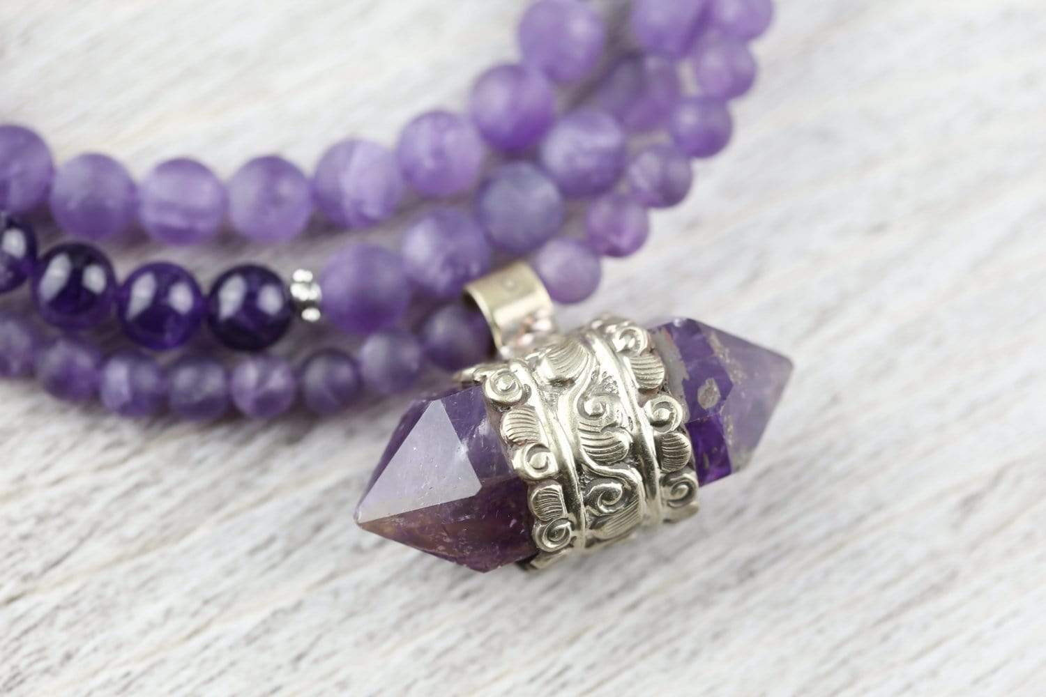 Natural Amethyst Hexagonal Gemstone Mala Beads - 108 Healing Meditation Prayer Necklace for Yoga, Chakra Balancing & Spiritual Protection