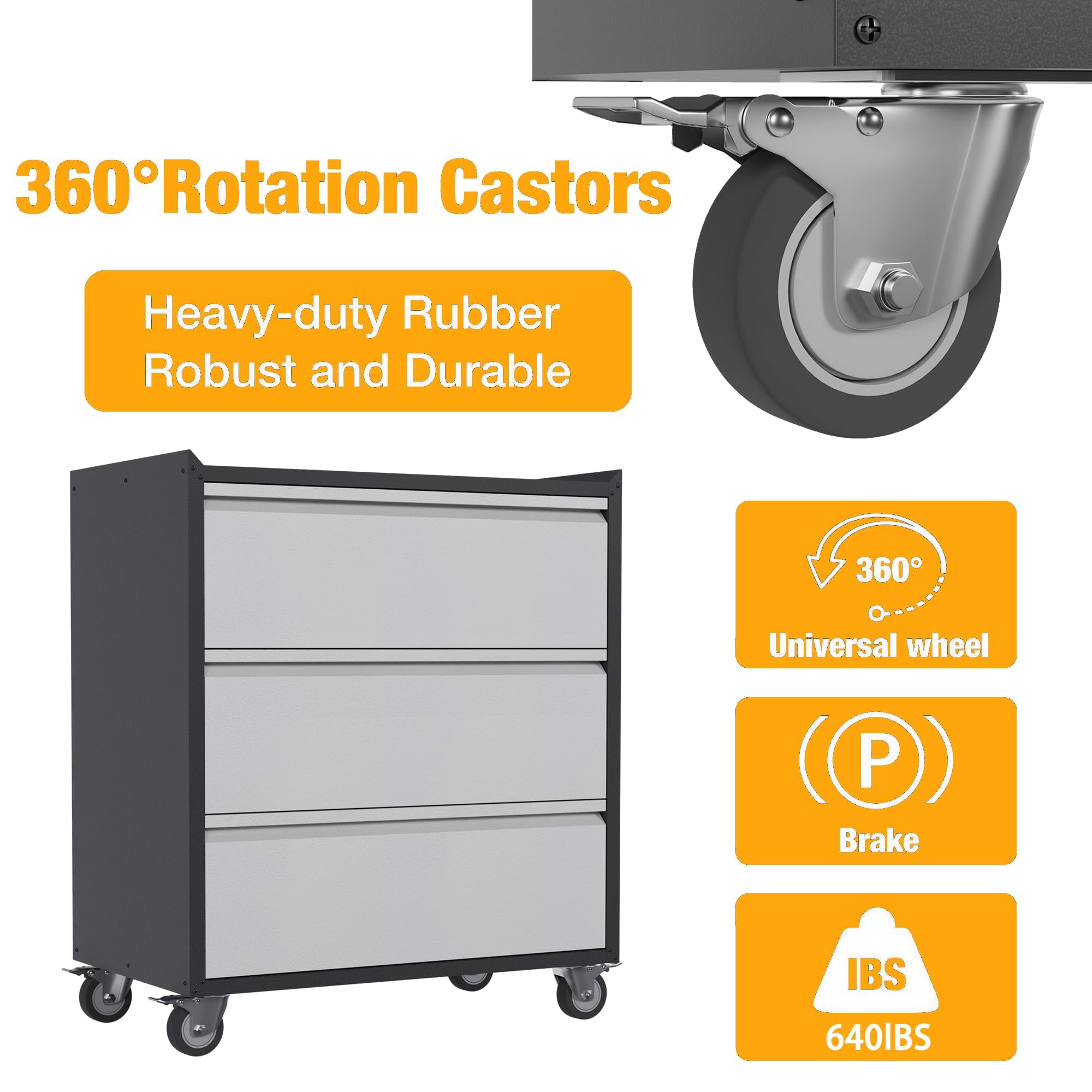 Heavy Duty Metal Garage Storage Cabinet with 3 Large Rolling Drawers - Mobile Tool Chest with Workbench for Workshop, Warehouse & Home Office (Black & Gray) - Perfect for Organizing Tools, Equipment & DIY Supplies