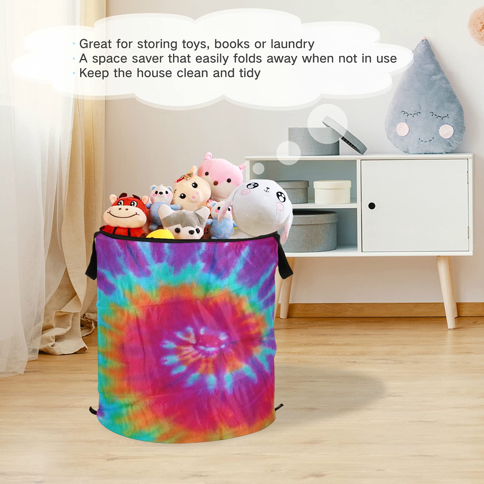 Pop Up Laundry Hamper - Ethnic Swirl Tie Dye Round Collapsible Clothes Basket with Zipper Lid | Portable Storage Bin for Toys, Clothes & Organizing | Perfect for Dorms, Travel & Home Use