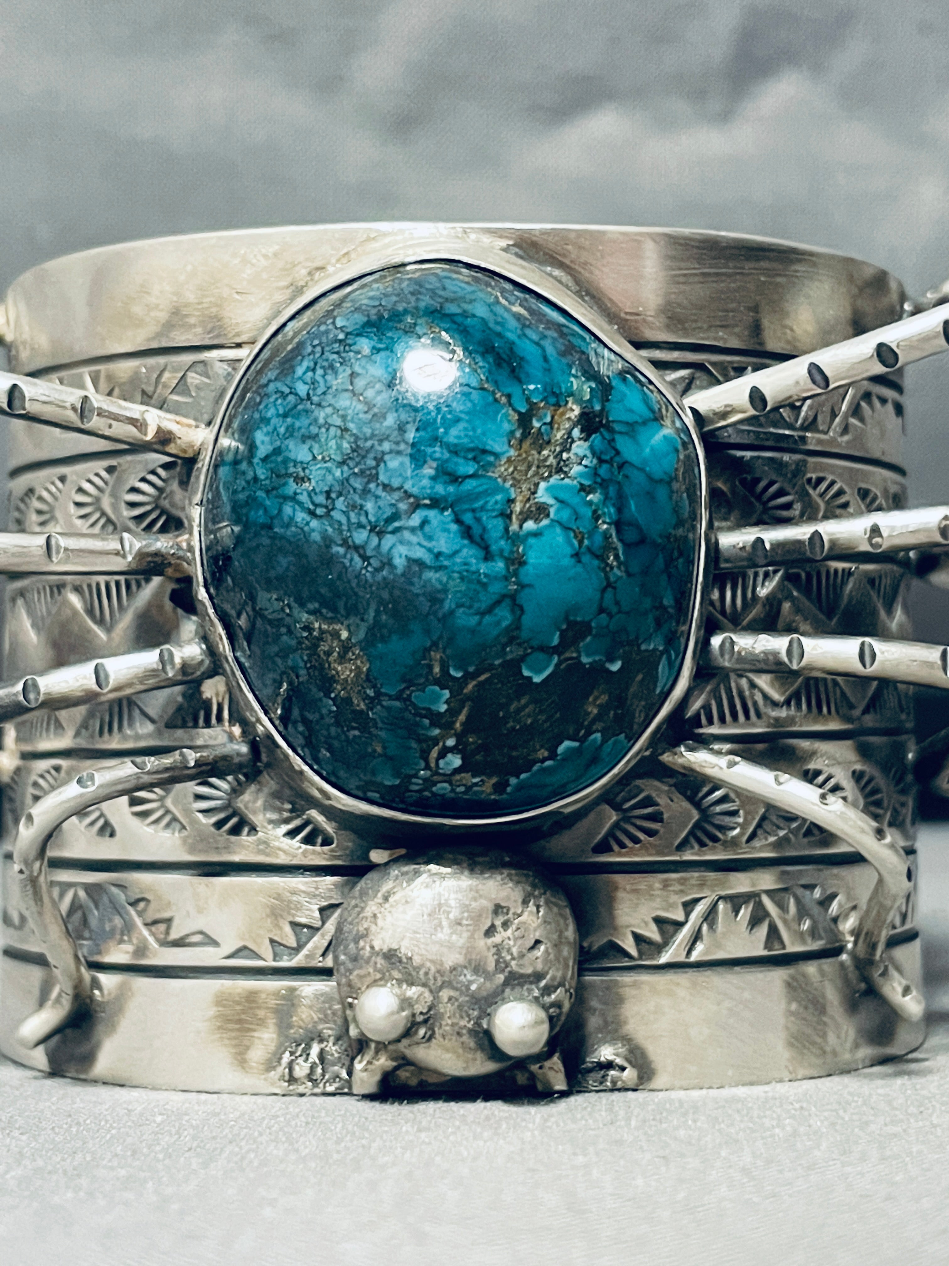179 Grams Navajo Sterling Silver Spider Bracelet - Authentic Native American Turquoise Jewelry for Women, Boho Chic Fashion Accessory for Casual Wear & Special Occasions