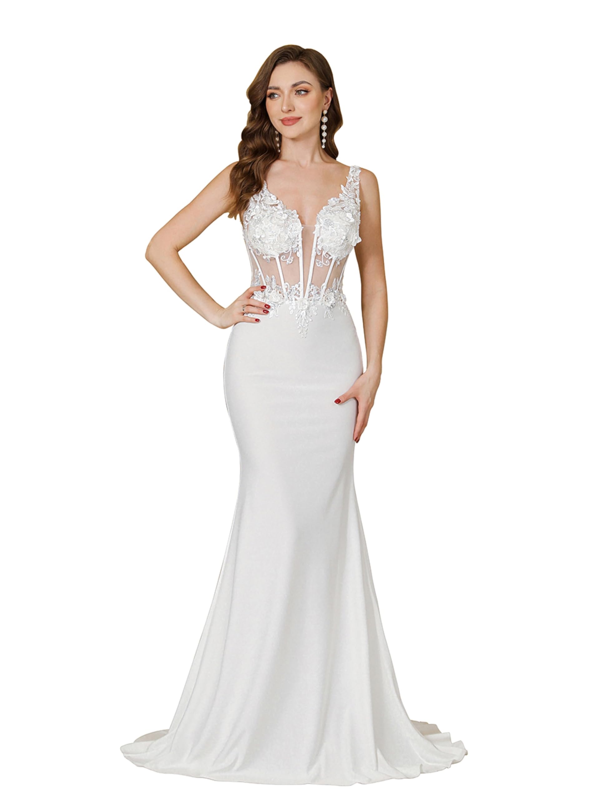 Elegant Lace Double V-Neck Sleeveless Wedding Dress with Train for Women | Perfect for Bridal Ceremony, Evening Gala & Formal Events