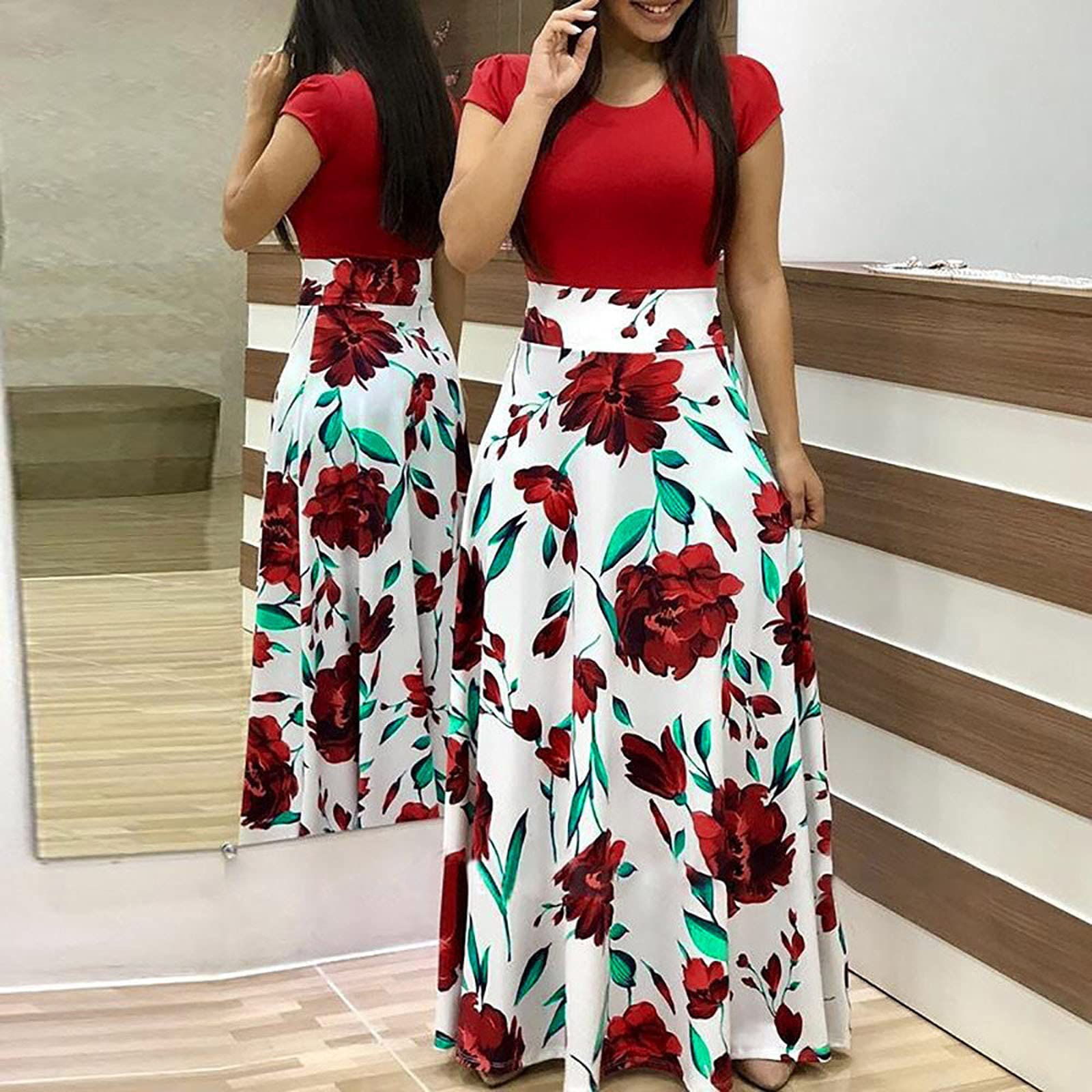 2024 Women's Summer Dresses - Floral Printed Short Sleeve Formal Graduation Dress Plus Size | Perfect for Beach Vacations, Garden Parties & Special Occasions