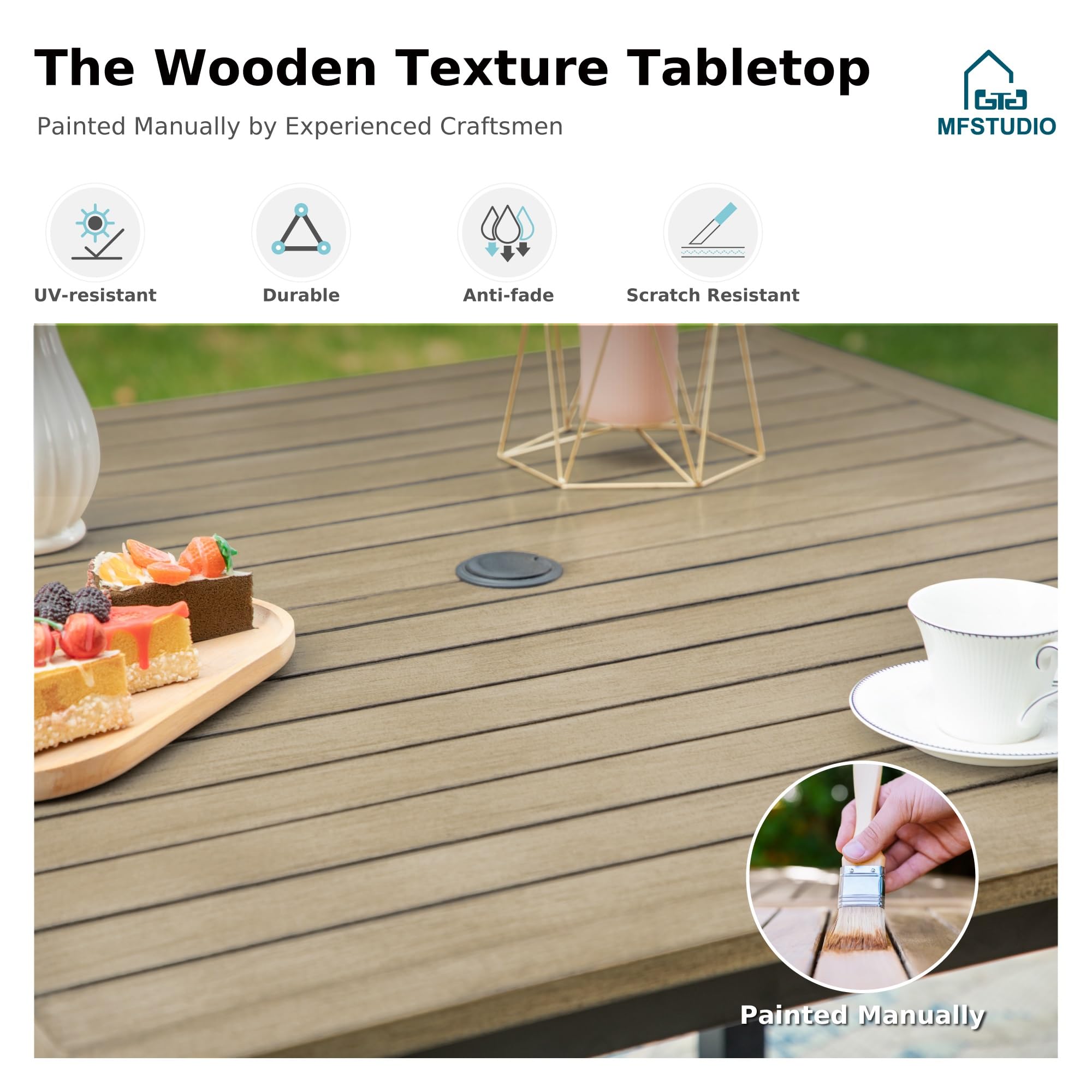 MFSTUDIO 42 Inch Square Outdoor Dining Table - Weatherproof Wood-Like Patio Table with Adjustable Umbrella Hole - Perfect for Deck, Backyard, Lawn, Garden, Poolside & Outdoor Entertaining