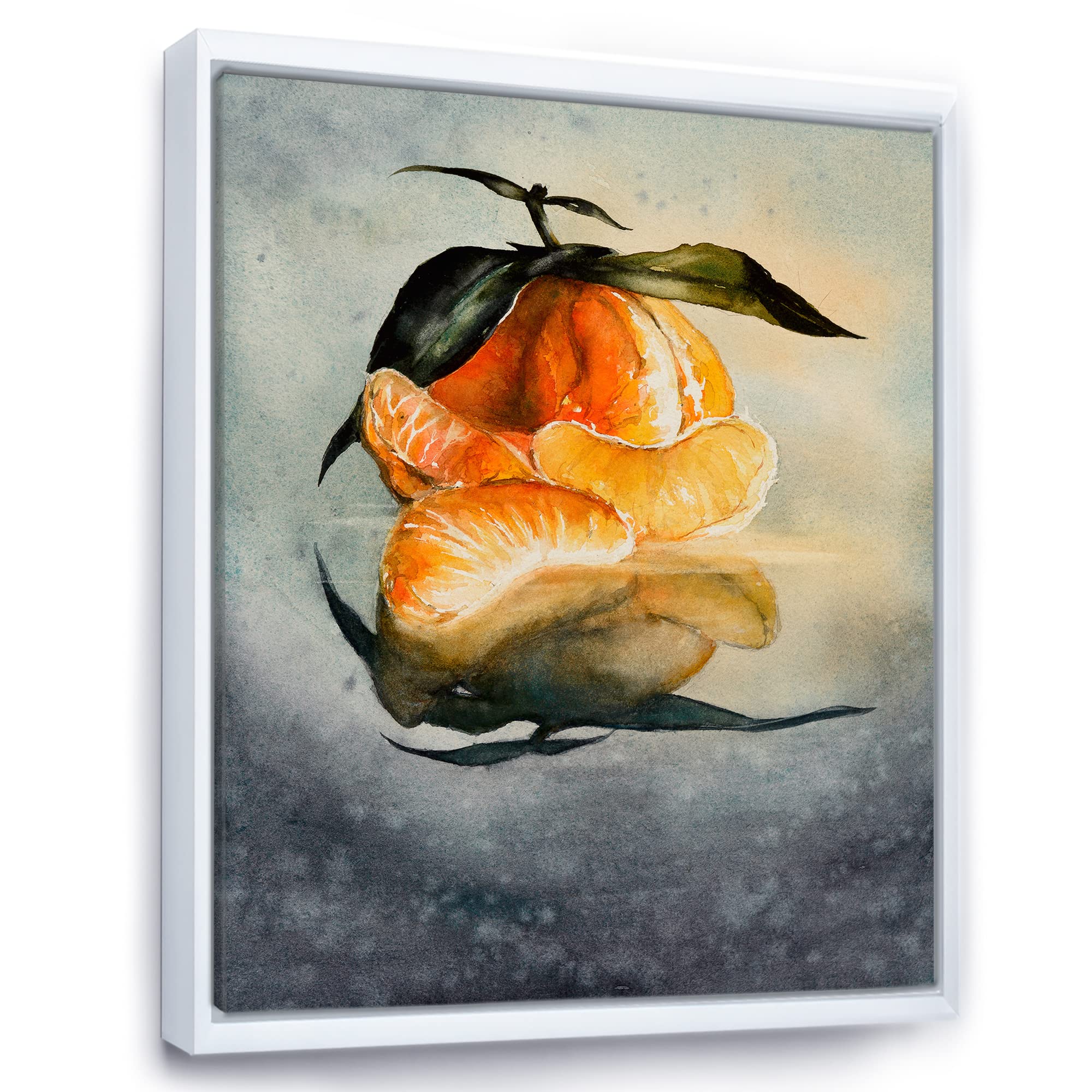 Fresh Peeled Orange Mandarin with Green Leaves - Traditional Framed Canvas Wall Art Print - Perfect for Kitchen, Dining Room & Farmhouse Decor