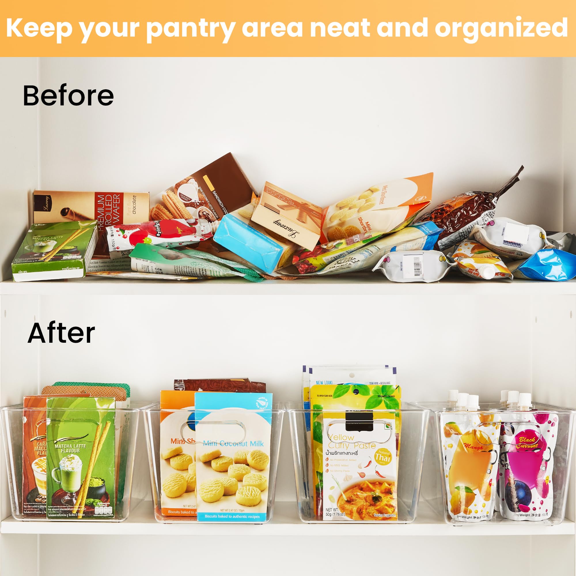 YIHONG 8 Pack Clear Plastic Storage Bins with Handles - Pantry Organizer Containers for Kitchen, Freezer, Cabinet & Closet Organization | Perfect for Food Storage, Home Decluttering & Space Saving Solutions
