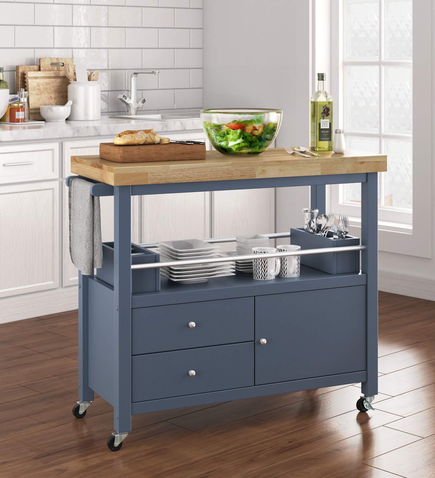 ClickDecor Anson Kitchen Island Bar Cart with Storage - Butcher Block Table on Wheels, Portable Cabinet Organizer for Small Spaces, Home & Apartment Essentials - Gray | Perfect for Kitchen, Dining Room & Entertaining