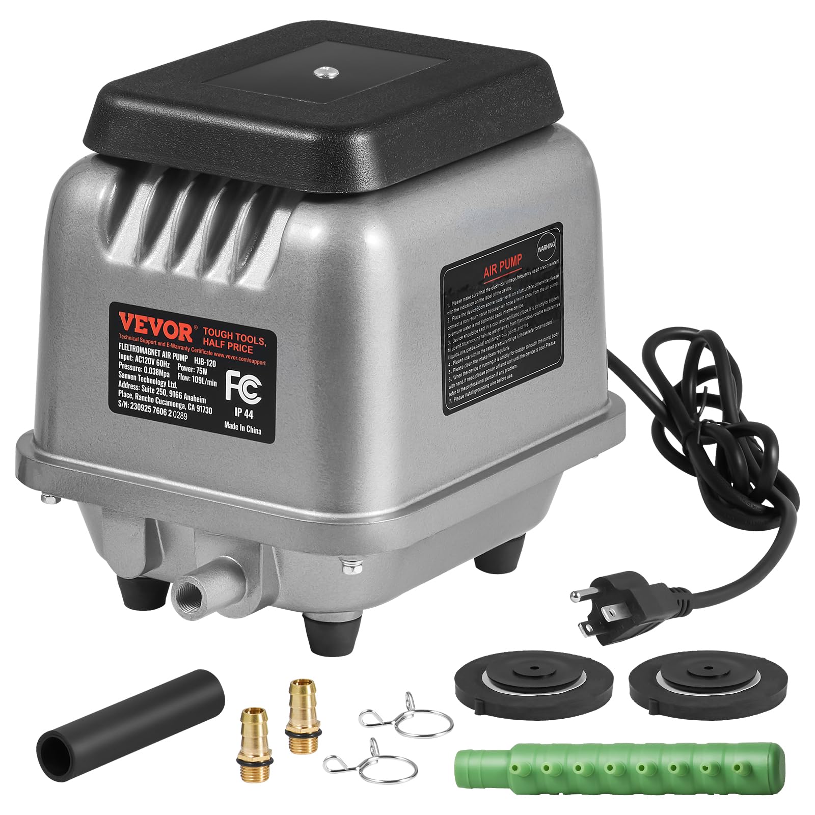 VEVOR Linear Air Pump 109L/Min High Flow Septic Aerator Pump - Aeration System for 1/2 Acre Ponds (10ft Deep), Water Gardens, Waste Treatment, Septic Tanks, Aquariums & Fish Farms - Ideal for Backyard Ponds, Commercial Aquaculture & Seafood Restaurants