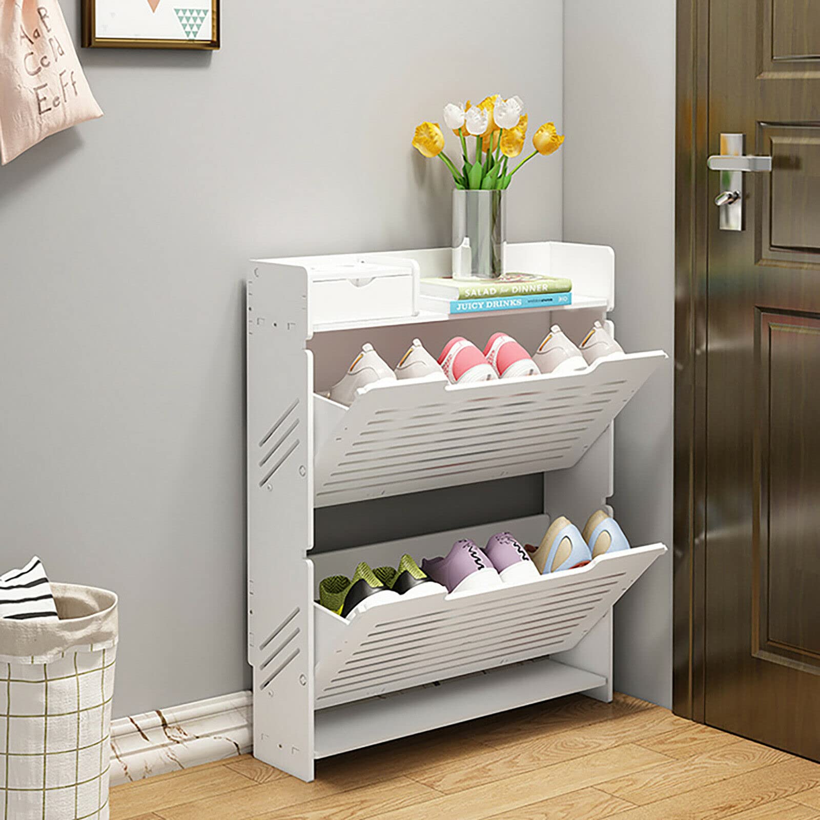 Modern 2-Tier Shoe Storage Cabinet - White Striped Slim Shoe Rack for Entryway & Closet Organization - Space-Saving Shoe Organizer for Small Spaces, Apartments & Home Decor