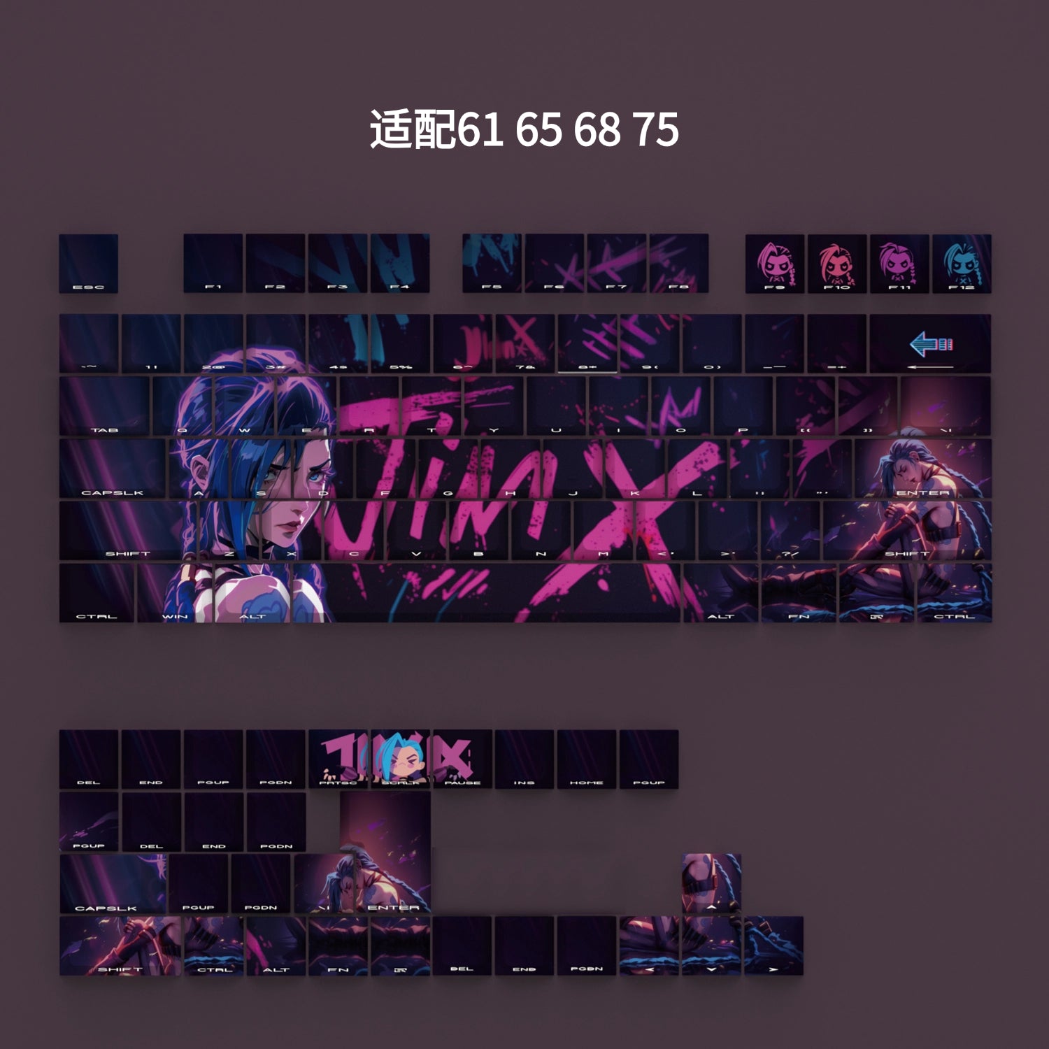 Jinx Anime PBT Side-Transparent Mechanical Keyboard Keycaps - OEM Height, Dye-Sublimation Printed for Gaming & Typing - Perfect for PC Gamers, Streamers & Office Work