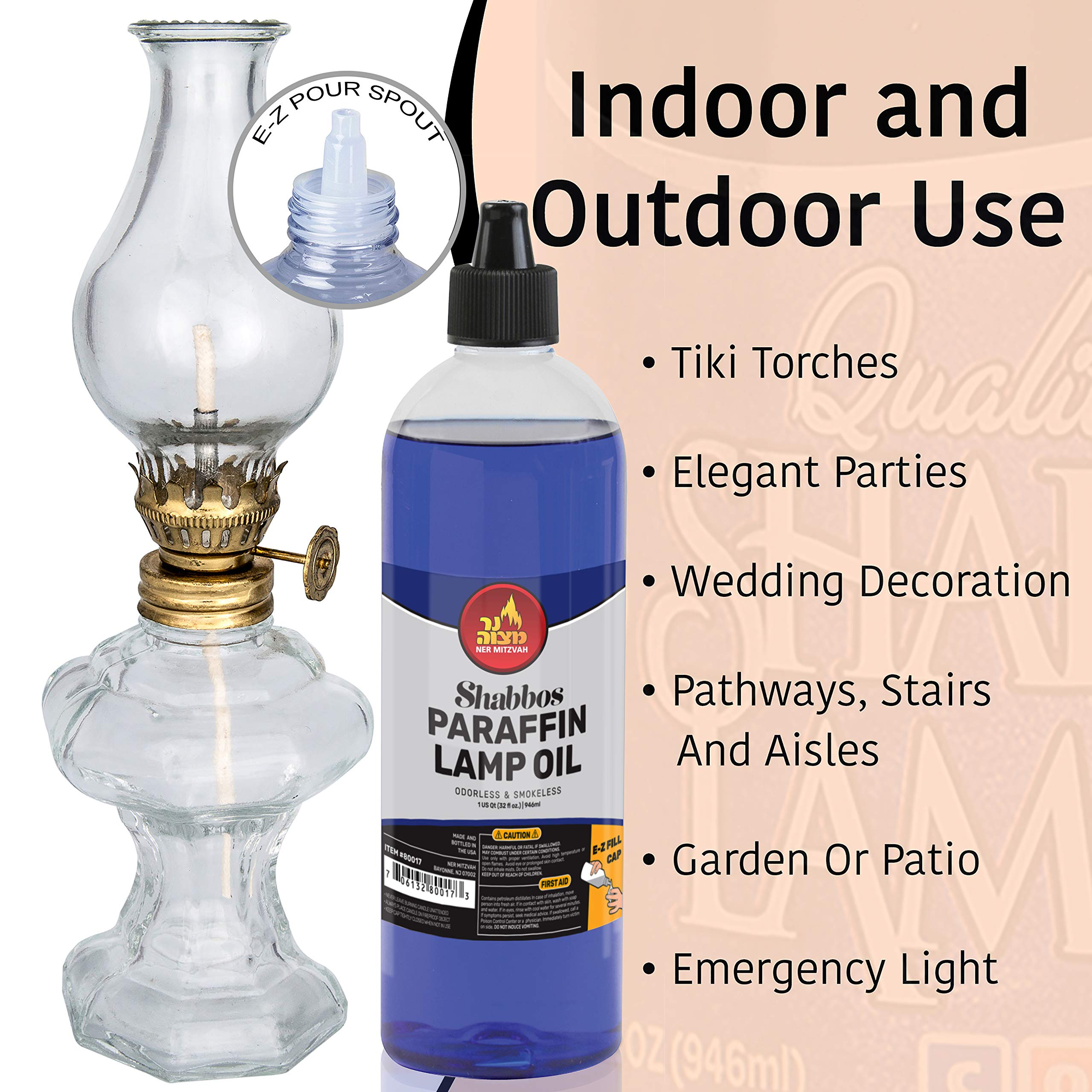 Ner Mitzvah Premium Paraffin Lamp Oil - 32oz Smokeless, Odorless, Clean Burning Fuel for Indoor & Outdoor Use - Easy Fill Cap & Pouring Spout - Perfect for Shabbat Candles, Emergency Lighting & Decorative Lanterns
