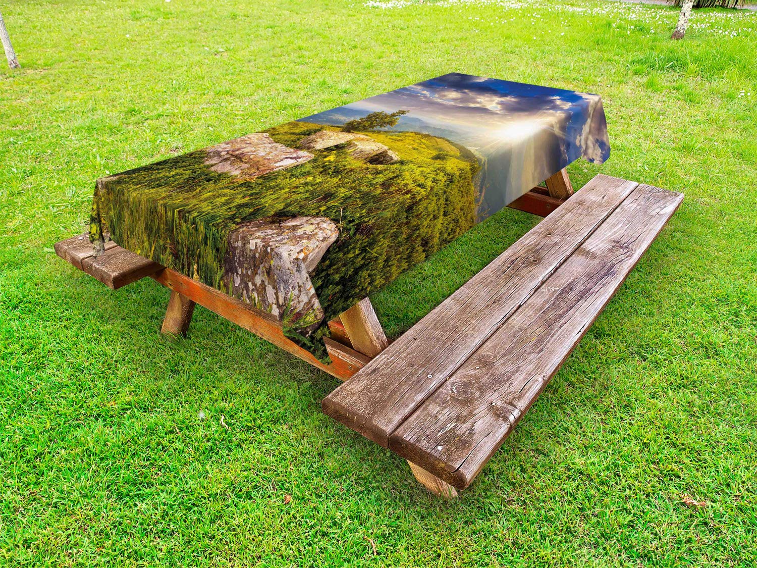 Ambesonne Waterproof Picnic Tablecloth 58x120 Inch - Scenic Mountain Landscape with Trees, Boulders & Meadow Design - Washable Outdoor Table Cover for Camping, BBQ, Backyard Parties (Green Yellow Blue)