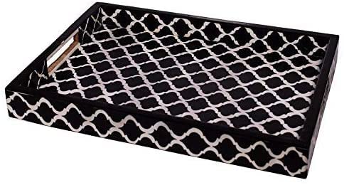 Handcrafted Bone Inlay Serving Tray - Decorative Wooden Ottoman Tray for Food, Breakfast in Bed | Black Home Decor Serving Platter | Perfect for Entertaining, Dining, and Gift Giving - Fairdeal Handicrafts