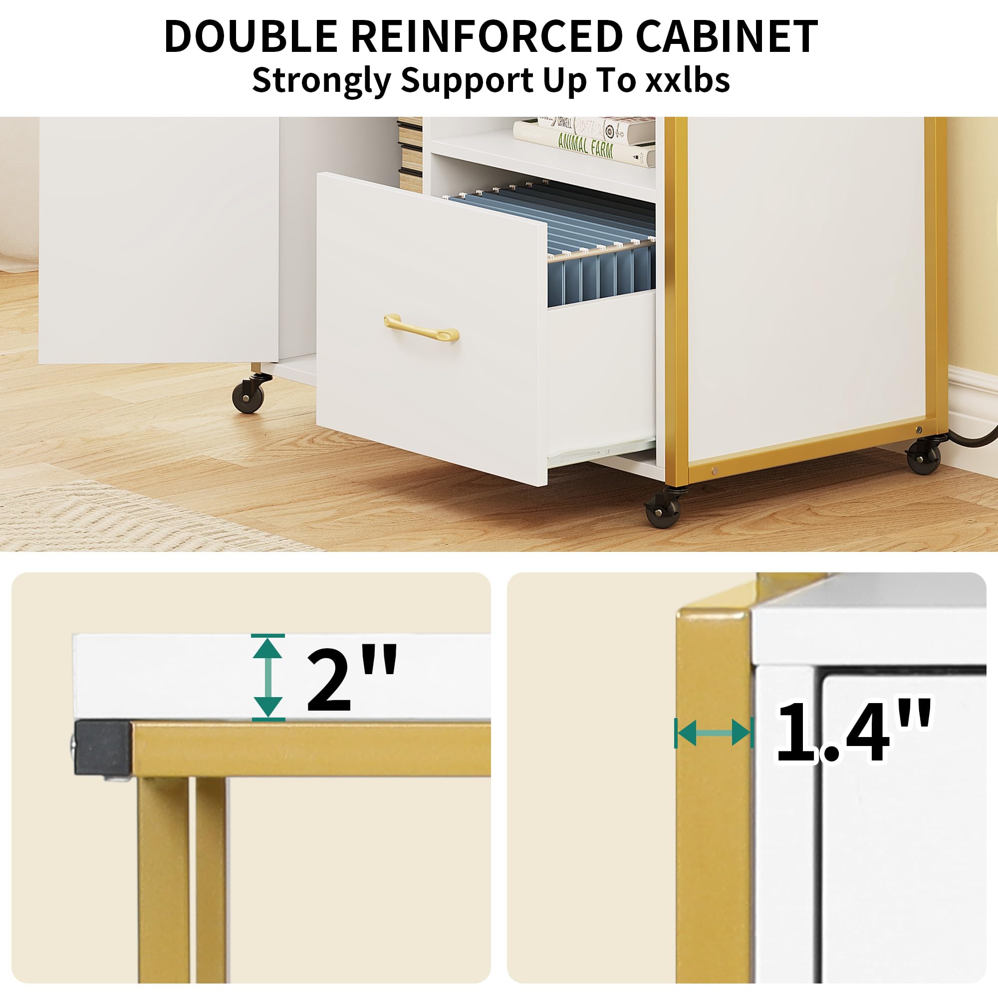 YITAHOME Wood File Cabinet with USB Charging Station, Rolling Filing Cabinet Cart with Door & Printer Shelf - Industrial Style Nightstand for Home Office, Bedroom, Living Room | Compact Storage Solution for Documents, Electronics & Home Decor (Gold & White)