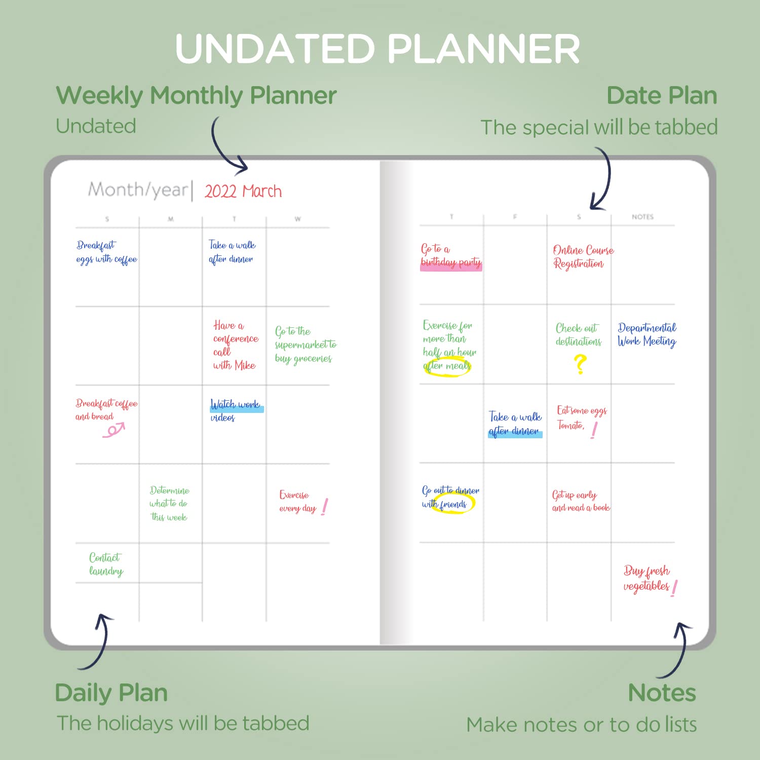 2024-2025 Undated Weekly & Monthly Planner with Tabs, Stickers, Thick Paper - Twin-Wire Binding, 6.1x8.2 Inch Mint Green Academic Planner for Students & Professionals - Perfect for School, Work, and Personal Organization