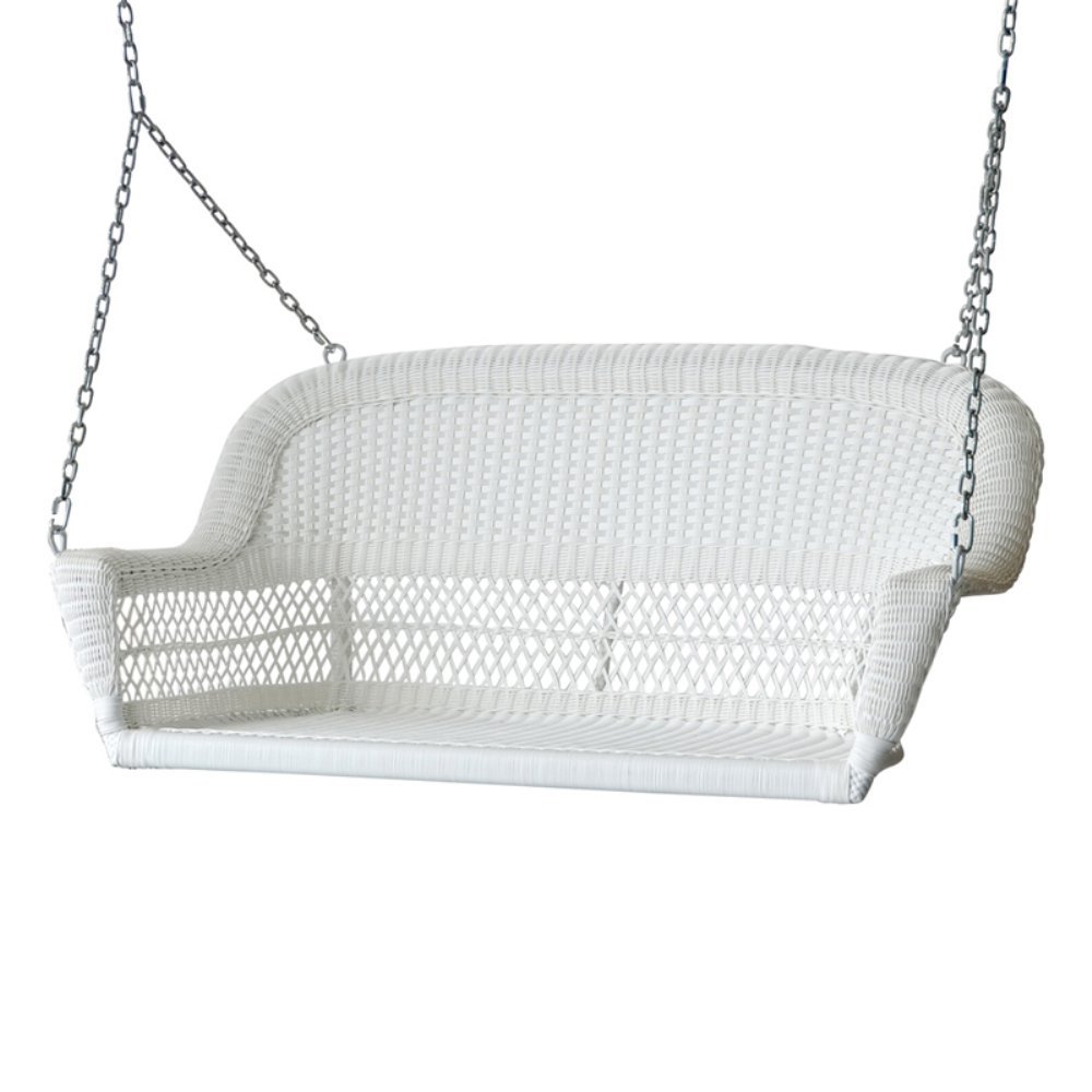 Jeco White Resin Wicker Porch Swing with Cushions - Weather-Resistant Outdoor Hanging Chair for Patio, Garden, or Backyard Relaxation