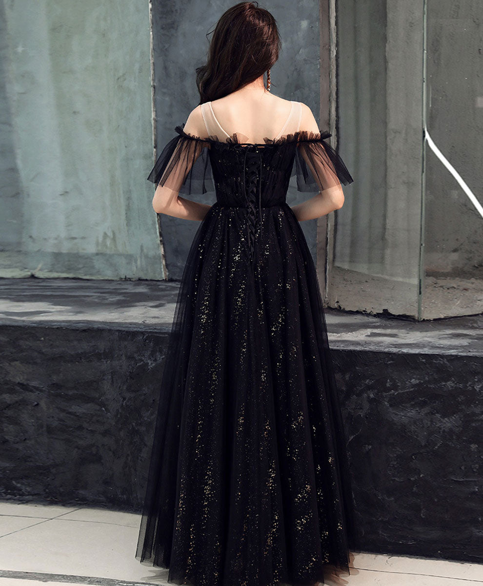 Elegant Black Tulle Off-Shoulder Long Prom Dress for Women - Perfect for Formal Dances, Evening Galas & Special Occasions