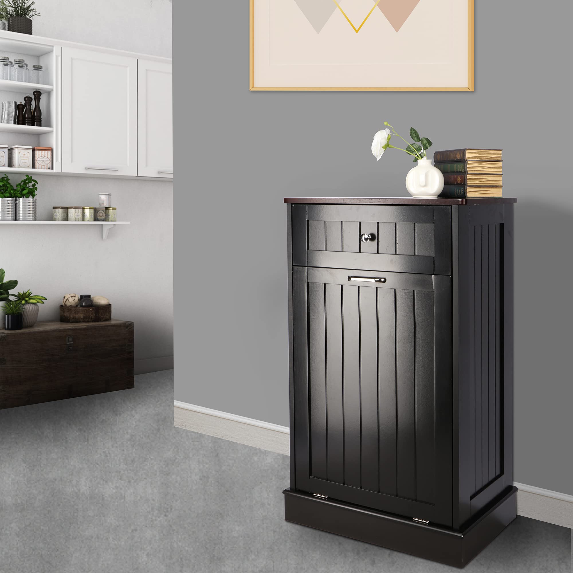 10 Gallon Tilt-Out Trash Cabinet - Free Standing Recycling Bin for Kitchen, Living Room & Dining Room | Farmhouse Style, Black | Perfect for Waste Disposal & Organization