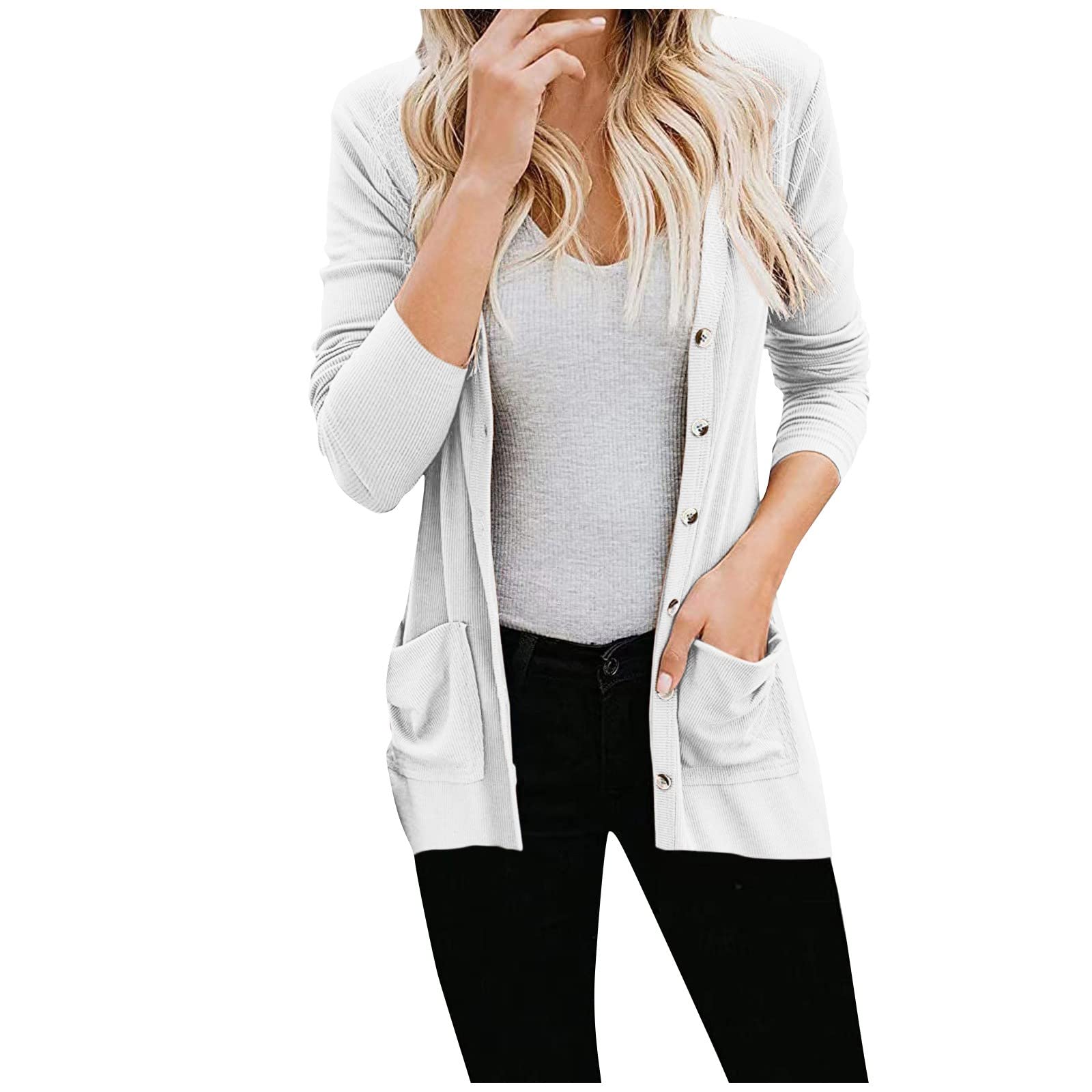 Women's Lightweight Long Sleeve Ribbed Knit Cardigan with Button Front and Pocket - Casual Work T-Shirt for Office, Layering & Everyday Wear