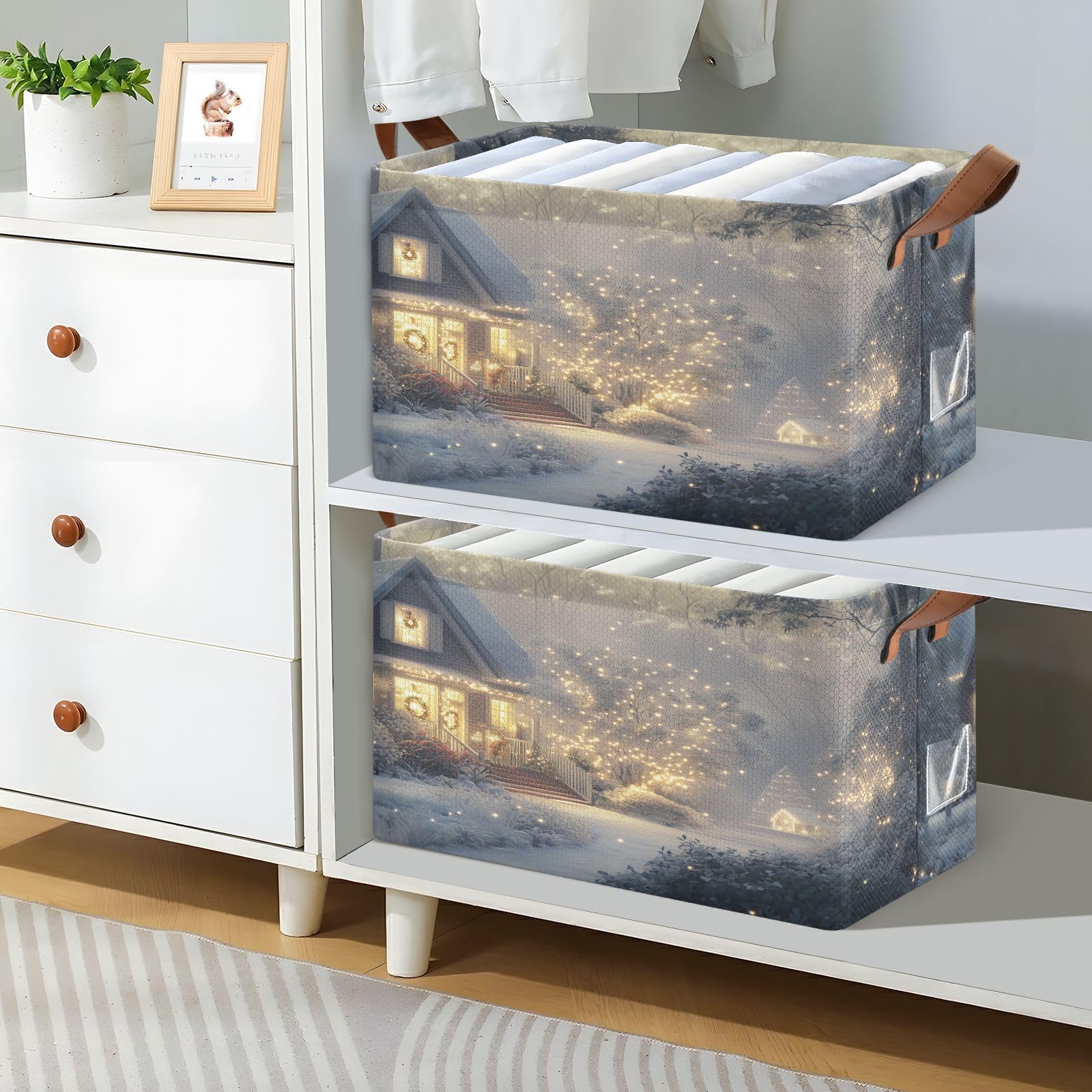 Emelivor Foldable Storage Bins with Handles - Christmas Winter Home Organization Baskets for Shelves, Nursery & Closet - Space Saving Rectangular Storage Cubes for Holiday Decor, Toys & Clothes
