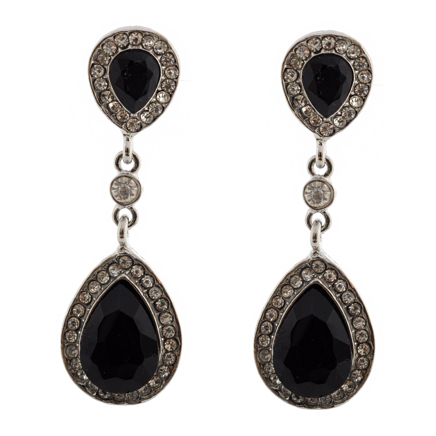 Rhodium Plated Silver Jet Teardrop Earrings for Women - Elegant Dangle Drop Earrings for Party, Wedding & Evening Wear