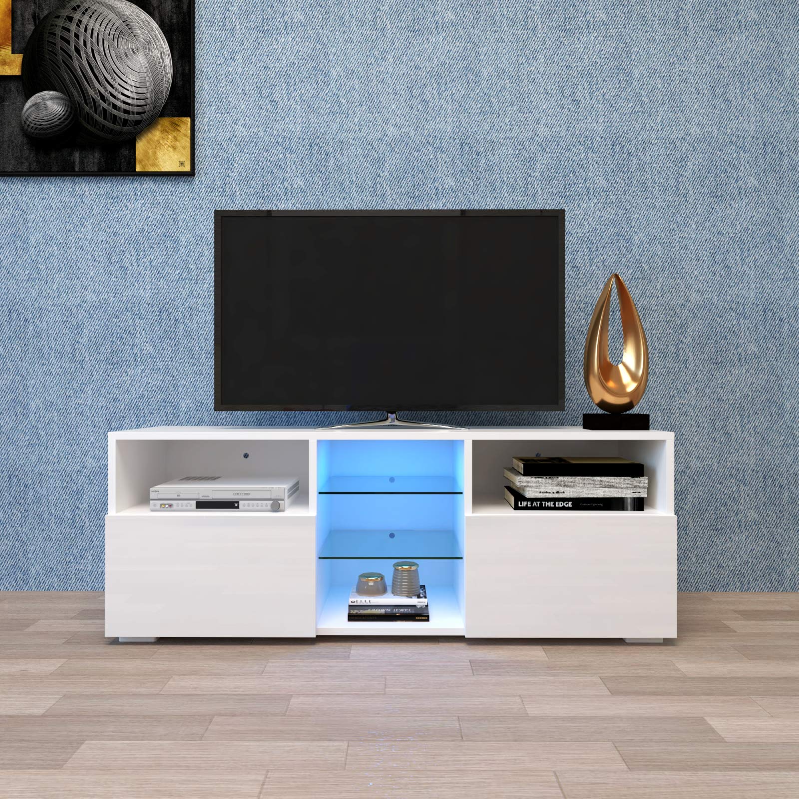 Modern White TV Stand with 20-Color LED Lights - High-Gloss Entertainment Center with 2 Shelves & Drawer for Living Room - Perfect for Movie Nights & Gaming Setup (ORW3311587419IZP)
