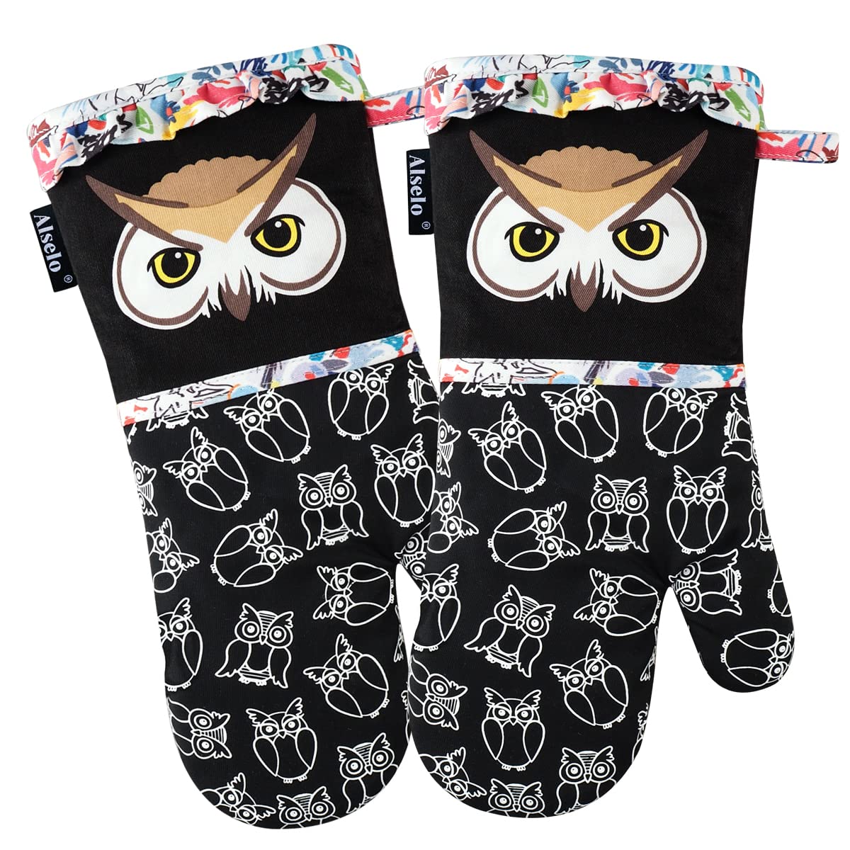 Heat Resistant Oven Mitts Set of 2 - Soft Quilted Cotton Lining & Anti-Slip Silicone Grip - Fashion Animal Print Kitchen Gloves for Baking, Grilling, and Safe Cooking (Black)