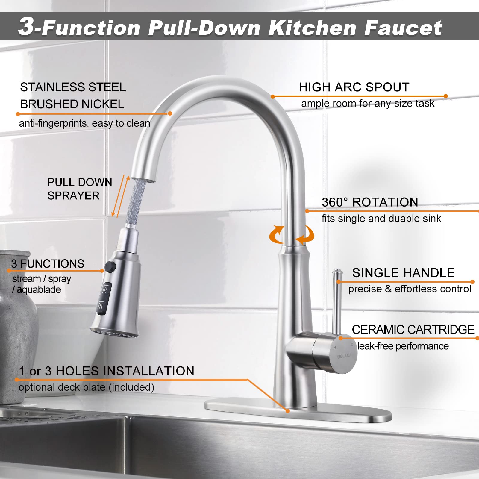 Premium Stainless Steel Pull Down Kitchen Faucet with Sprayer - Brushed Nickel Modern Design for 1 or 3 Hole Sink Installation - Includes RV Adapter - Perfect for Home Kitchen, RV, and Commercial Use