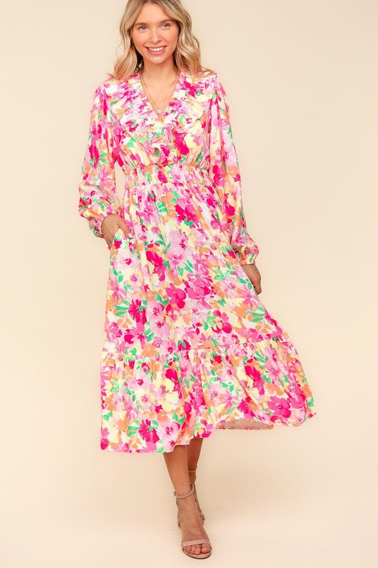 Floral Balloon Sleeve Summer Midi Dress - Women's Full Size Dress with Side Pockets | Perfect for Beach Vacations, Garden Parties & Casual Outings