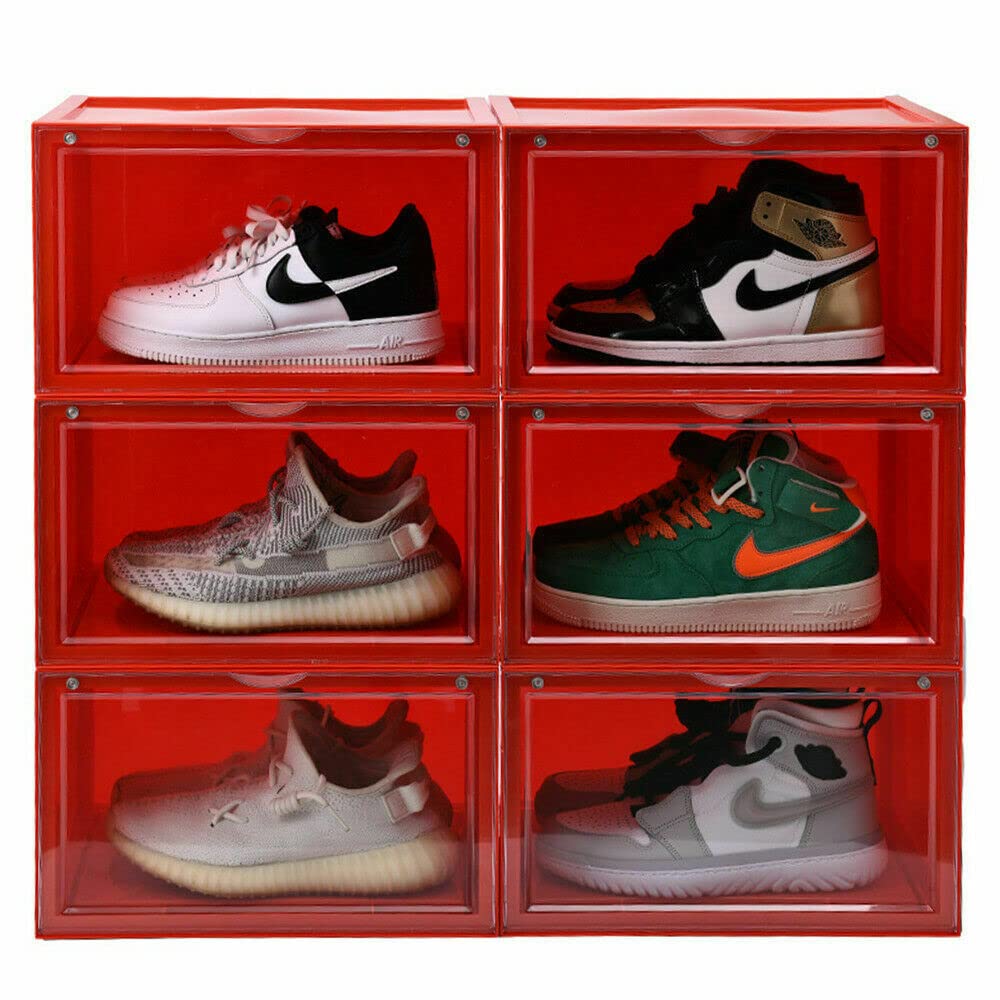 6-Pack Stackable Magnetic Shoe Storage Boxes - Heavy Duty Plastic Sneaker Organizer with Side-Open Design for Men 13.5 & Women 14 (14