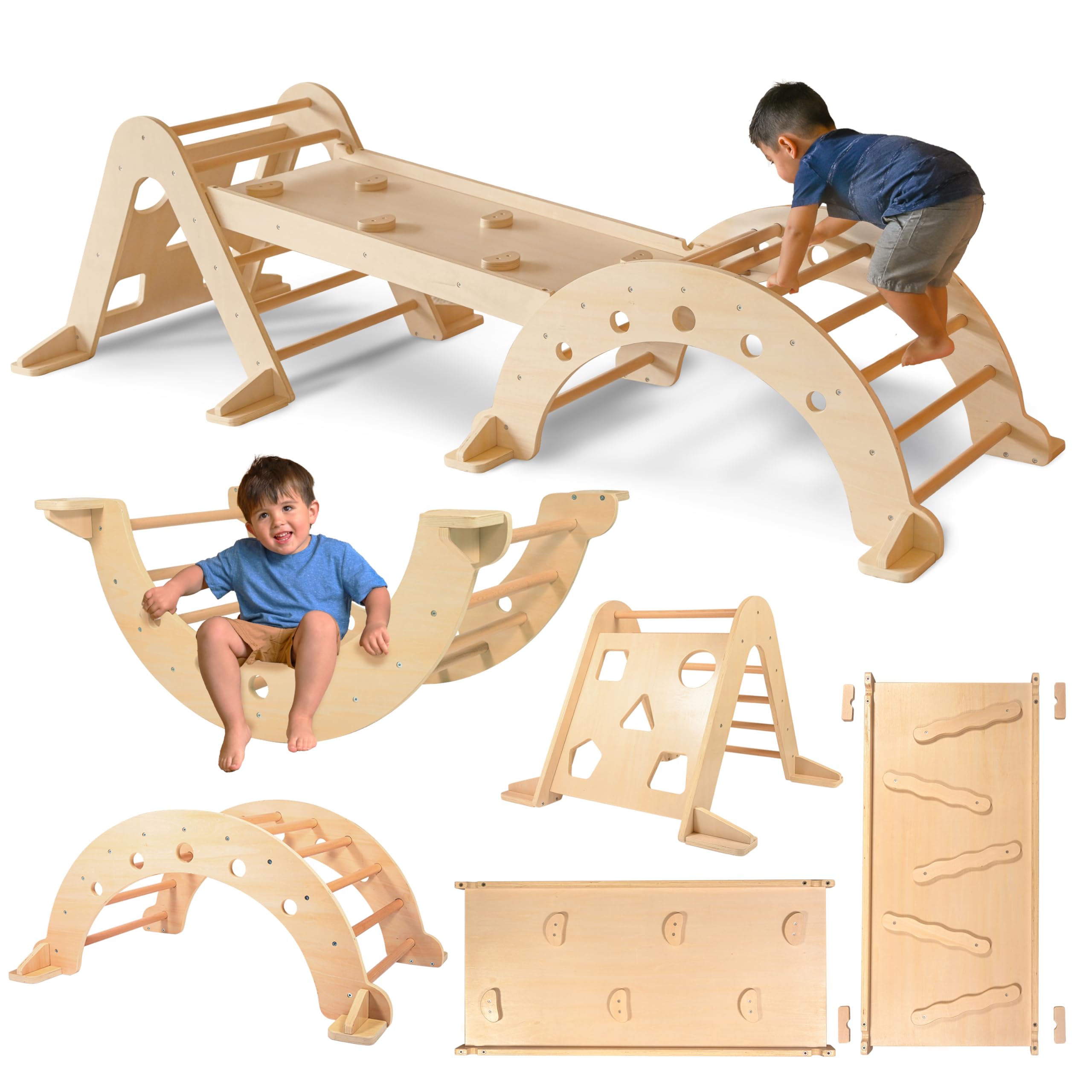 SPARK & WOW 3-Piece Wooden Climbing Gym Set for Toddlers 1-3 Years - Montessori Indoor Jungle Gym for Kids - Natural Wood Gross Motor Skill Toys for Home Playroom, Daycare & Preschool Activities