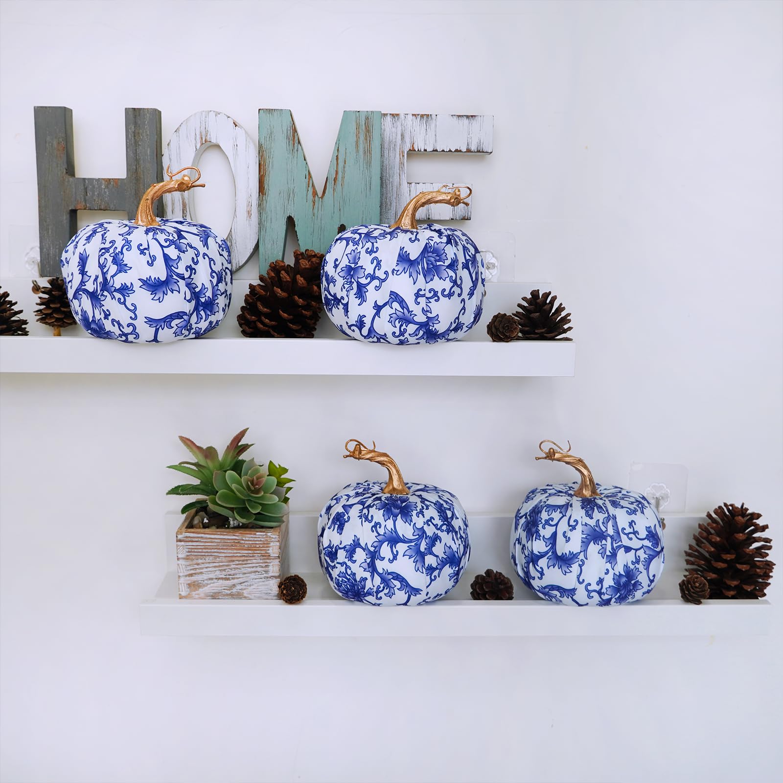 Winlyn 4-Piece Blue and White Faux Fabric Pumpkins Set - Chinoiserie Chic Fall Decor for Thanksgiving, Halloween, Weddings - Perfect for Farmhouse Table Centerpieces, Mantel Displays & Bowl Fillers