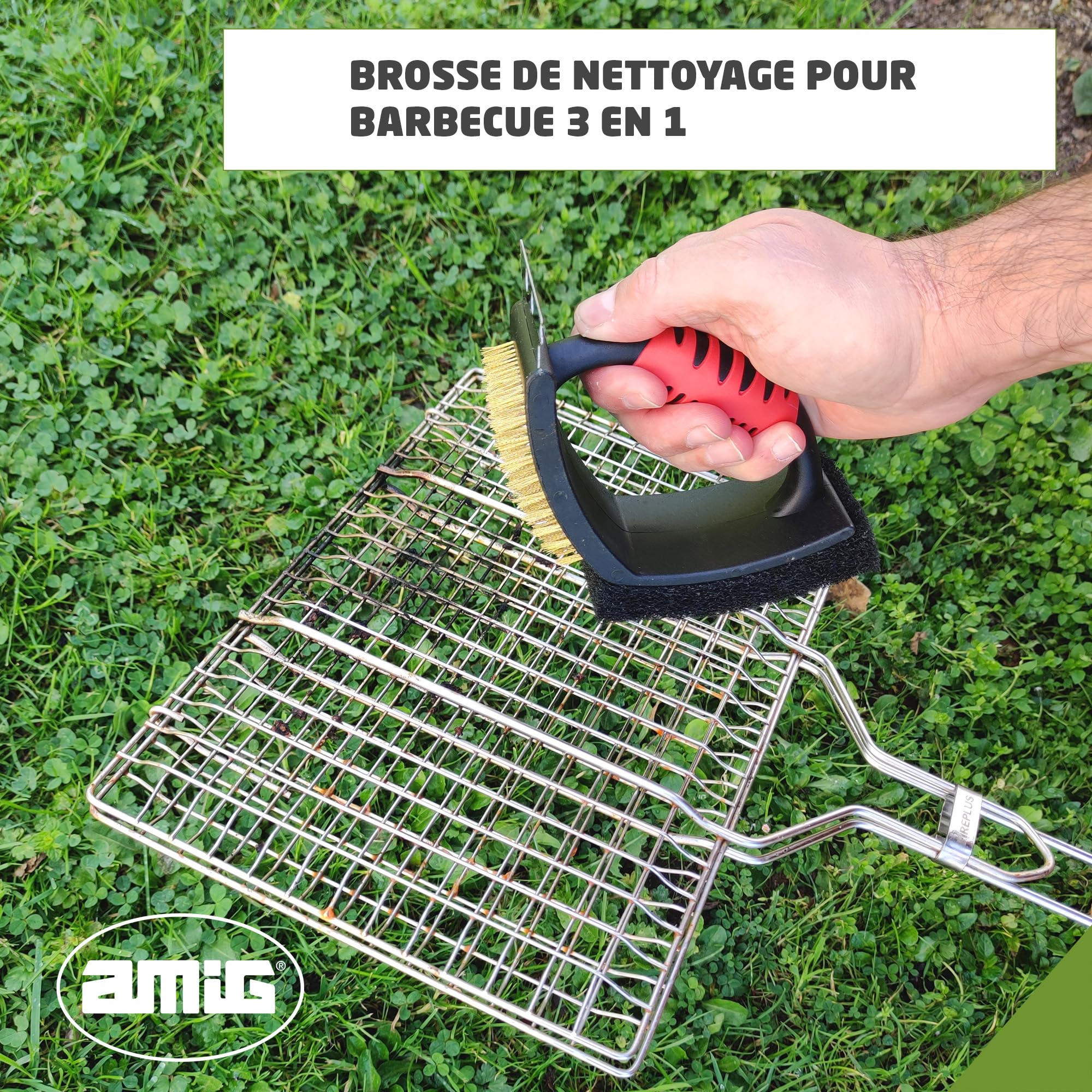 Amig 3-in-1 BBQ Grill Cleaning Brush with Scraper & Scourer - Heavy Duty Stainless Steel Bristles for Charcoal, Gas & Electric Grills - Perfect for Outdoor Cooking, Backyard BBQs & Camping (16.5x11.5x7cm)