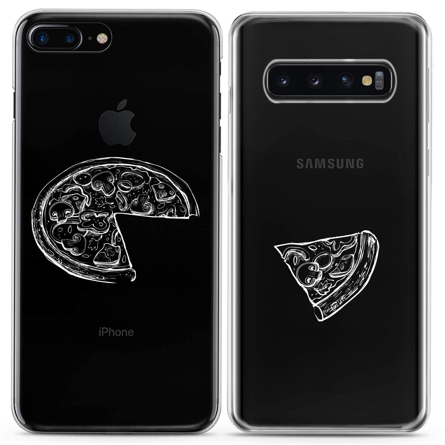 Matching Couple Phone Cases Compatible for iPhone 16/15/14/13/12/11 Pro Max/Mini/XS/X/6s/8 Plus/7+/XR/10/SE/5 - Pizza Sketch Slice Design Cute Silicone Cover - Perfect Anniversary Gift for Girlfriend, BFF or Couple (Ideal for Valentine's Day, Birthday & Romantic Presents)