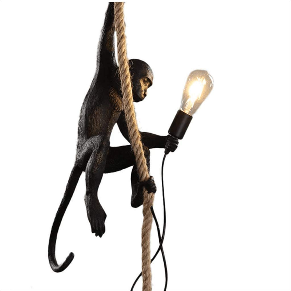 Vintage Industrial Style Monkey Chandelier - Creative Resin Hemp Rope Lamp with E27 Socket for Bedroom, Living Room & Study - Unique Home Decor Lighting (Black) - Perfect for Boho, Farmhouse & Industrial Interior Design